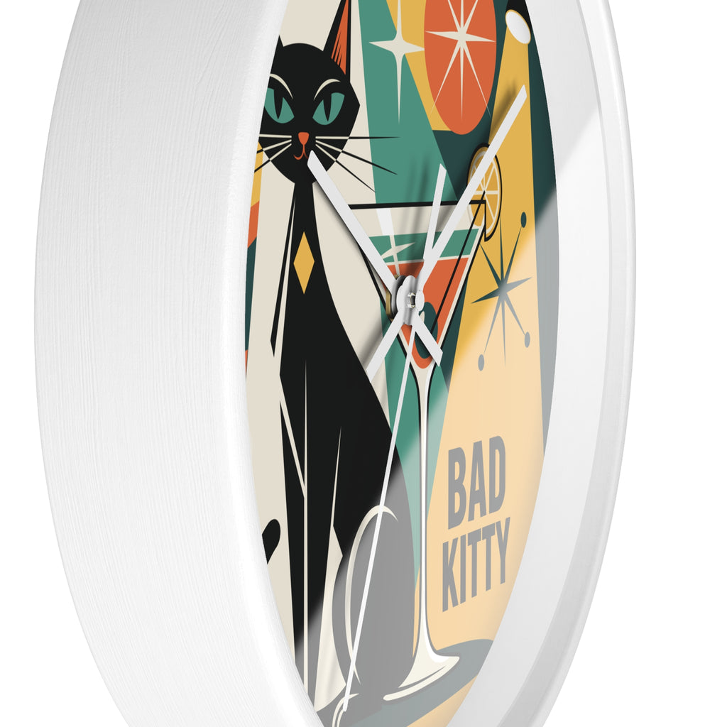 Bad Kitty Retro Cat Martini Wall Clock | Mid Century Modern Kitchen Decor