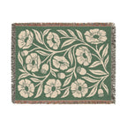 Botanical Floral Pattern Woven Blanket | Green Sage Cream Flower Throw