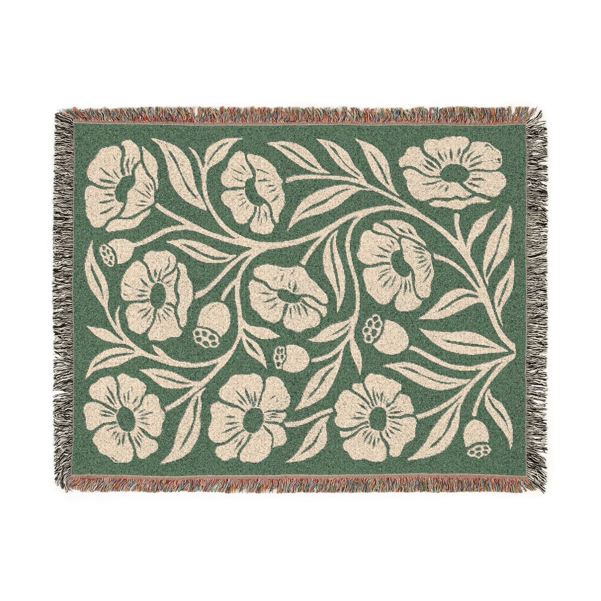 Botanical Floral Pattern Woven Blanket | Green Sage Cream Flower Throw