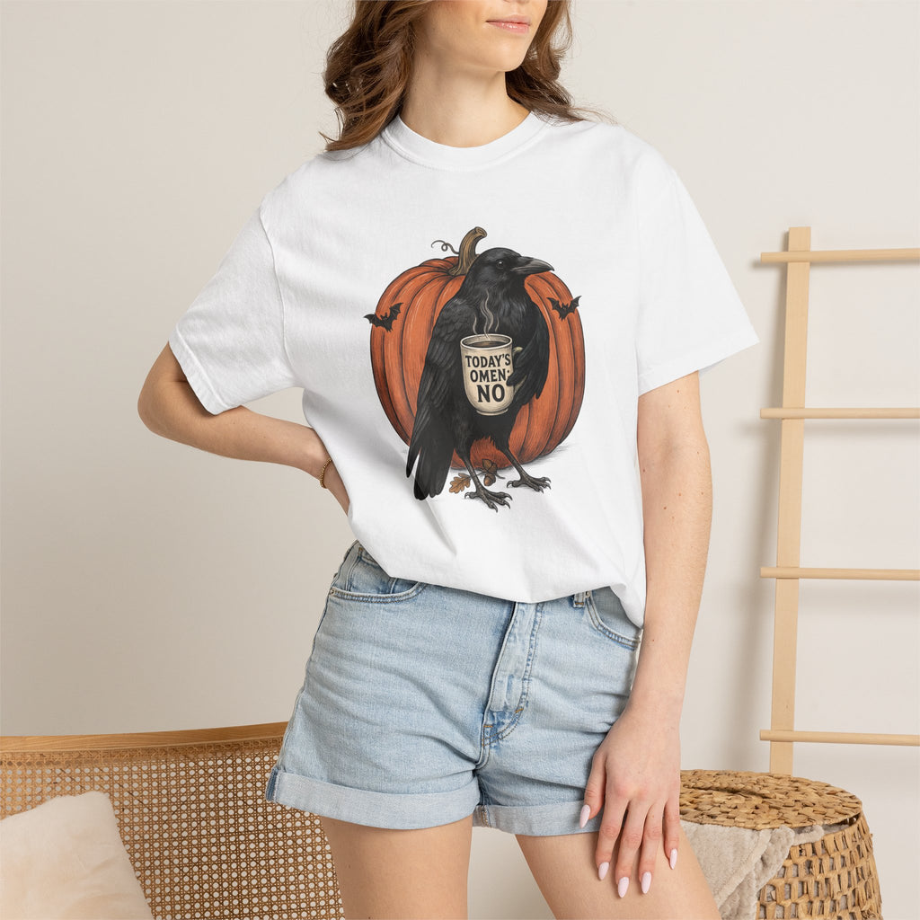 Crow with Coffee 'Today? Omen NO' Pumpkin T-Shirt | Halloween Raven Tee