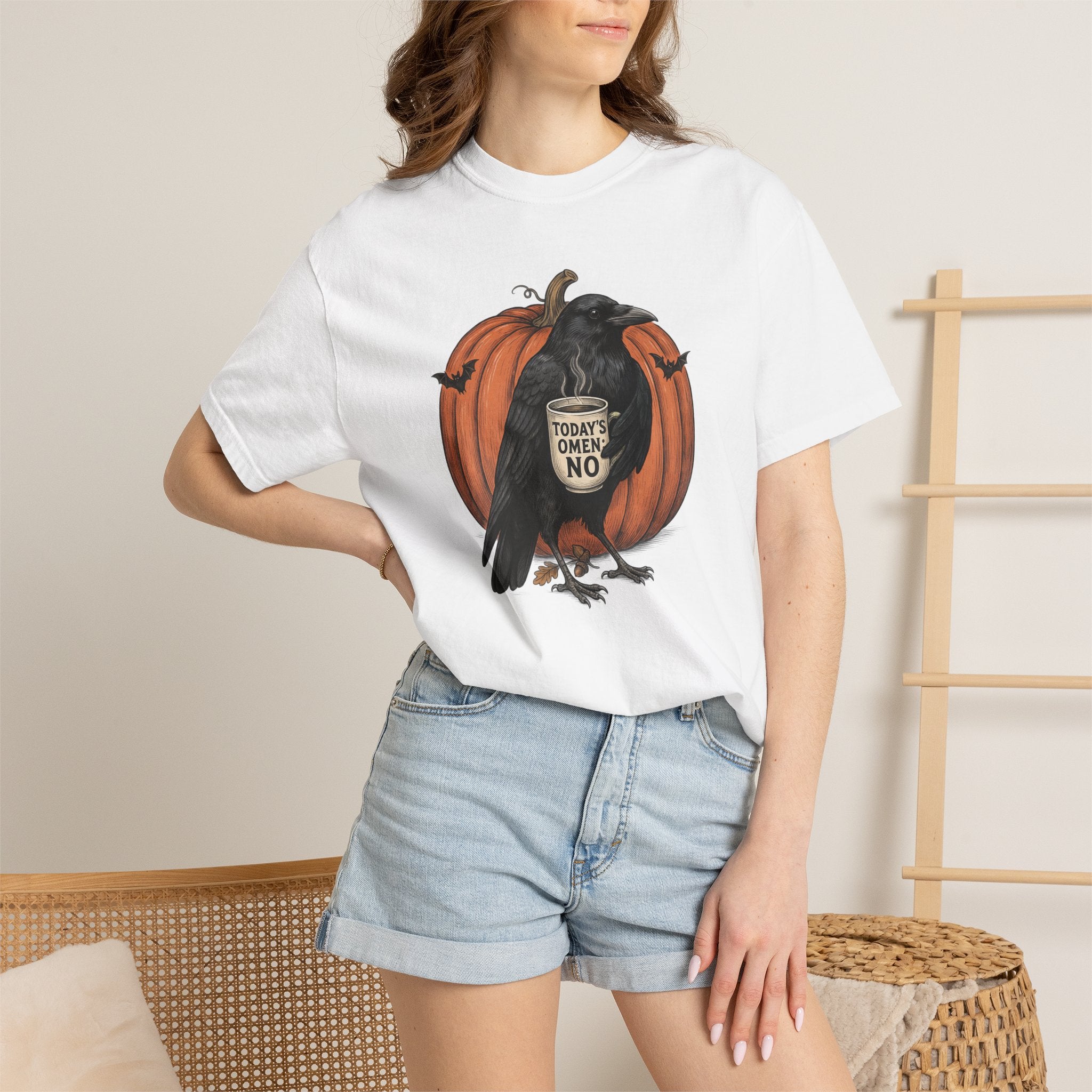 Crow with Coffee 'Today? Omen NO' Pumpkin T-Shirt | Halloween Raven Tee