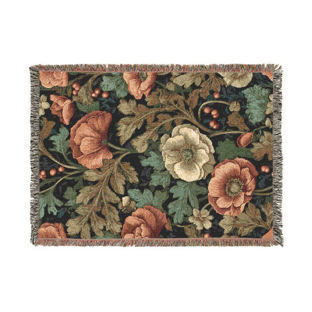 William Morris Poppy Garden Woven Blanket | Coral Orange & Teal Floral Throw