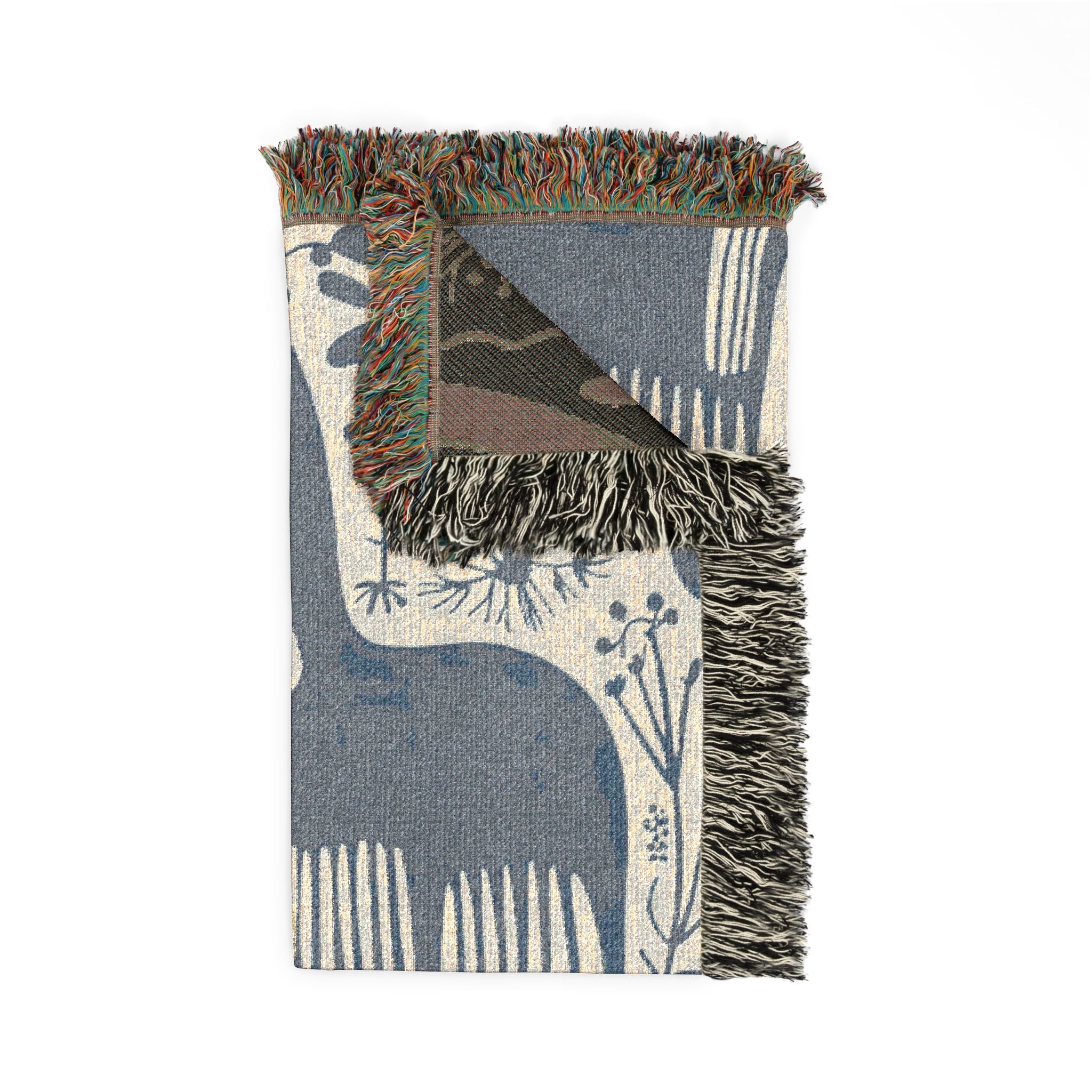 Scandinavian Horse Pattern Woven Blanket | Blue Cream Folk Art Tapestry