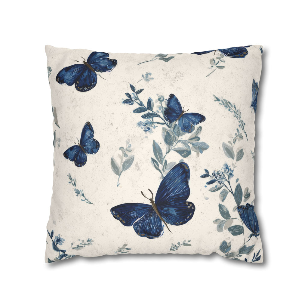 Blue Butterfly Botanical Faux Suede Pillowcase | Sapphire Cobalt Butterflies