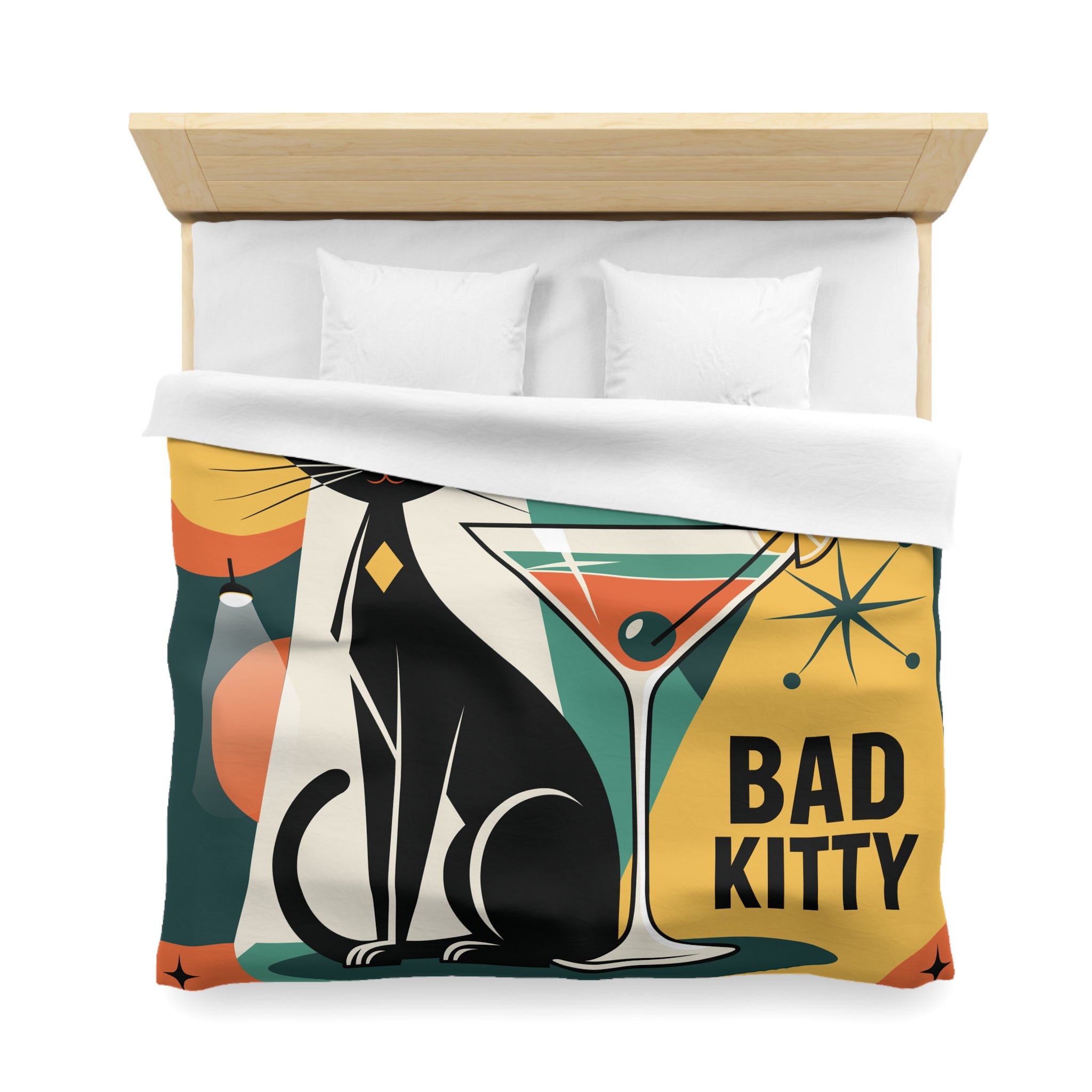 Atomic Black Cat Duvet Cover | Mid Century Modern Geometric 'Bad Kitty Lounge'