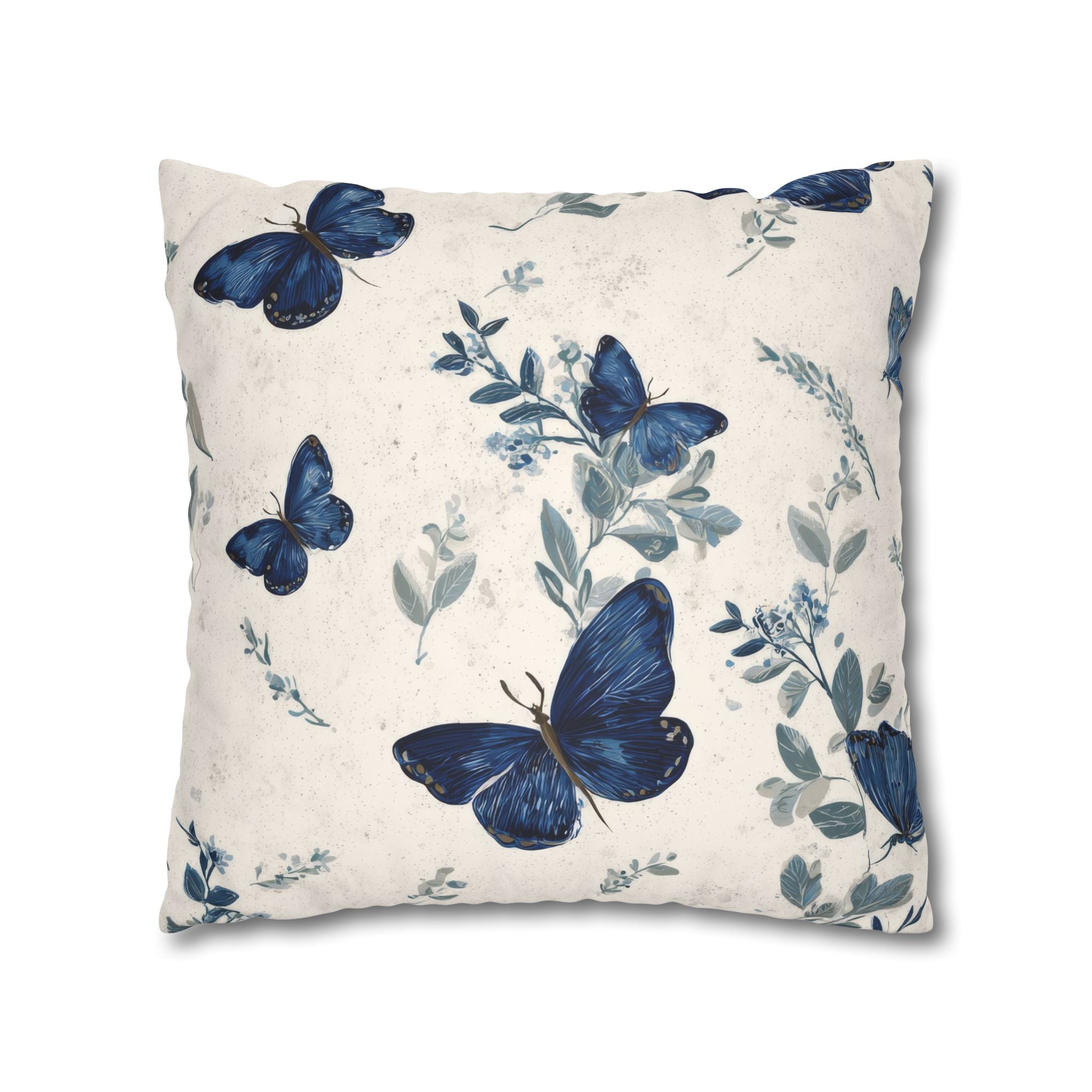 Blue Butterfly Botanical Faux Suede Pillowcase | Sapphire Cobalt Butterflies