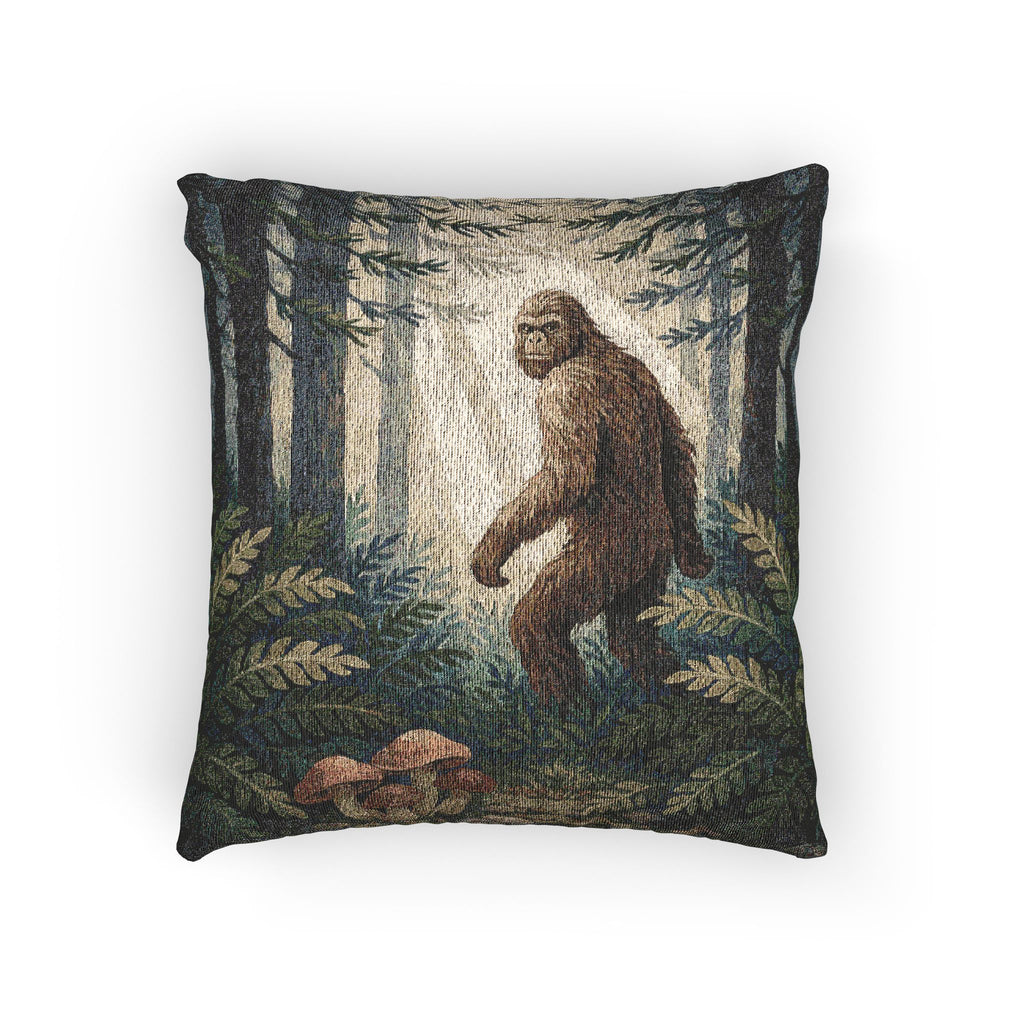 Bigfoot Woodland Scene Woven Pillow | Sasquatch Forest Tapestry Cushion