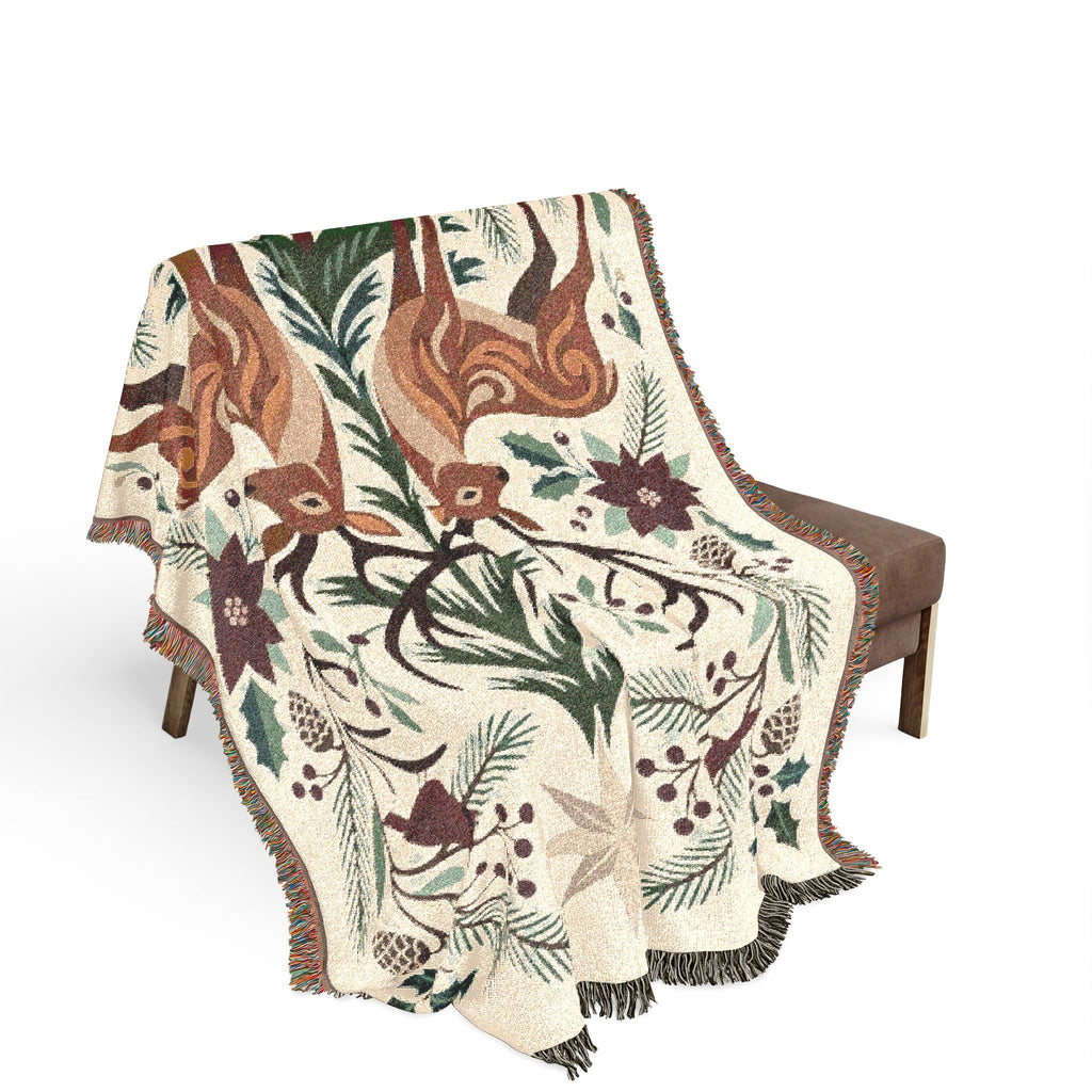 Folk Fox & Floral Woven Blanket | Tapestry Throw