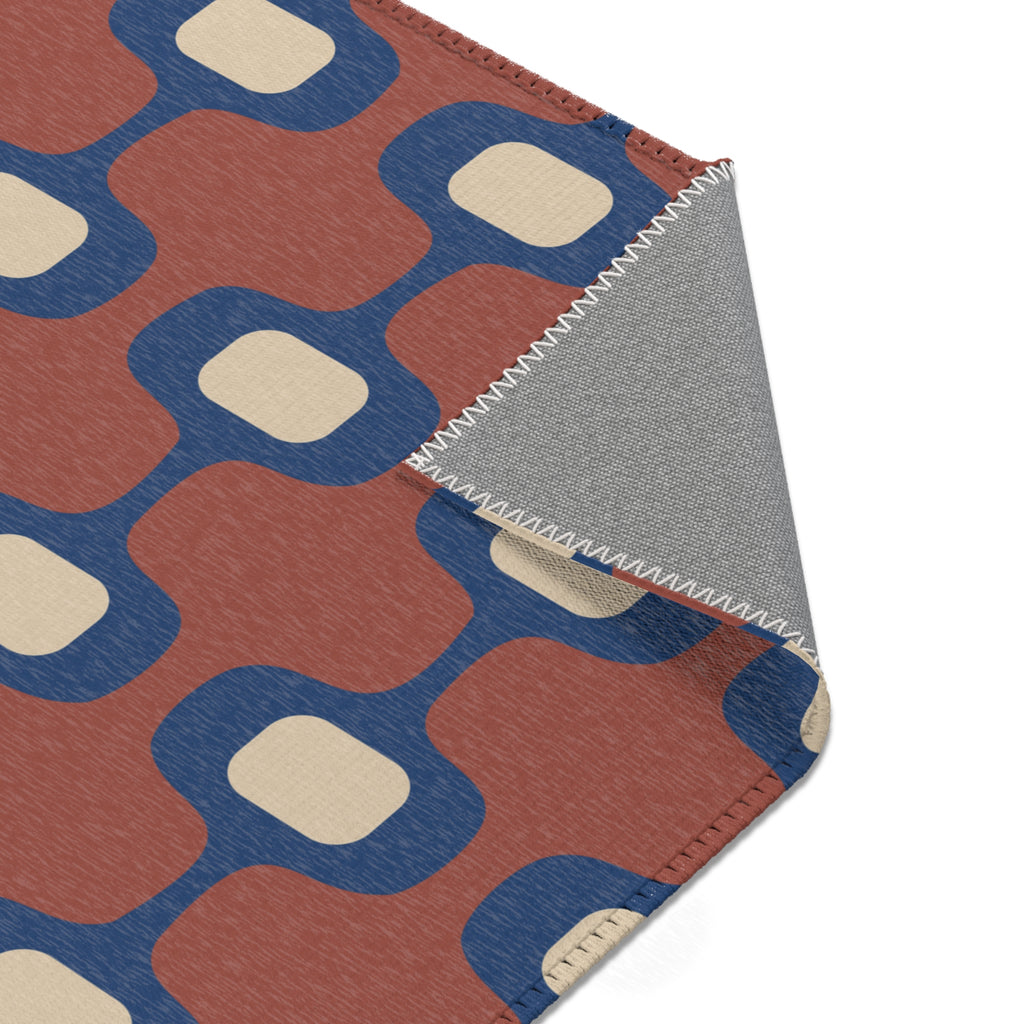 Mid-Century Geometric Area Rug | Retro Hourglass Pattern in Blue Terracotta Cream