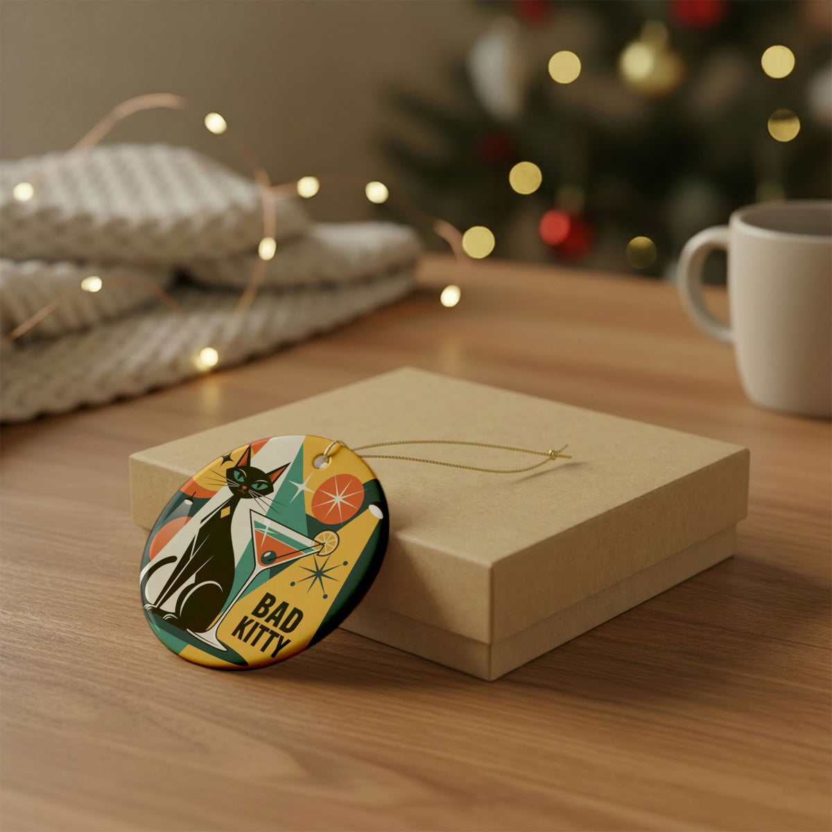 Bad Kitty Cocktail Ornament | Retro Black Cat Christmas Gift