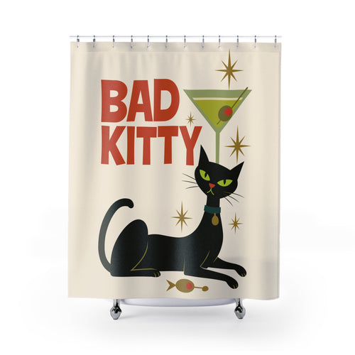 Bad Kitty Black Cat Martini Mid Century Modern Shower Curtain