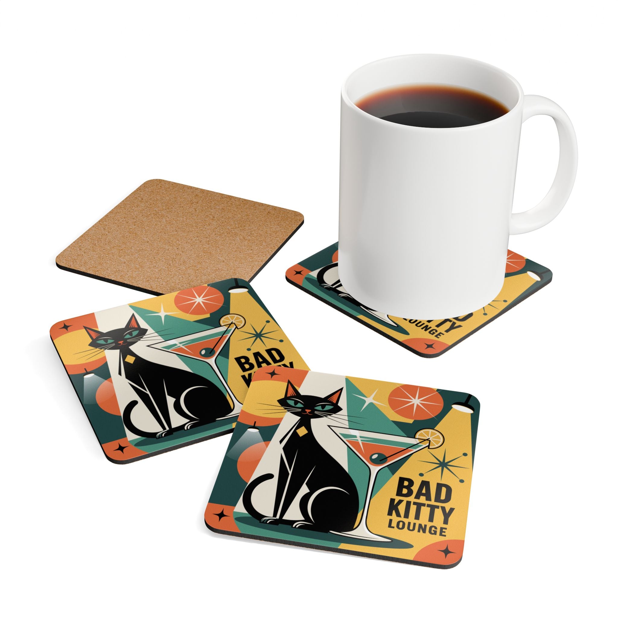 Atomic Cat Coasters Set of 4, Mid Century Modern Cork Drink Coasters, Retro Black Cat Gift, Bad Kitty Collection