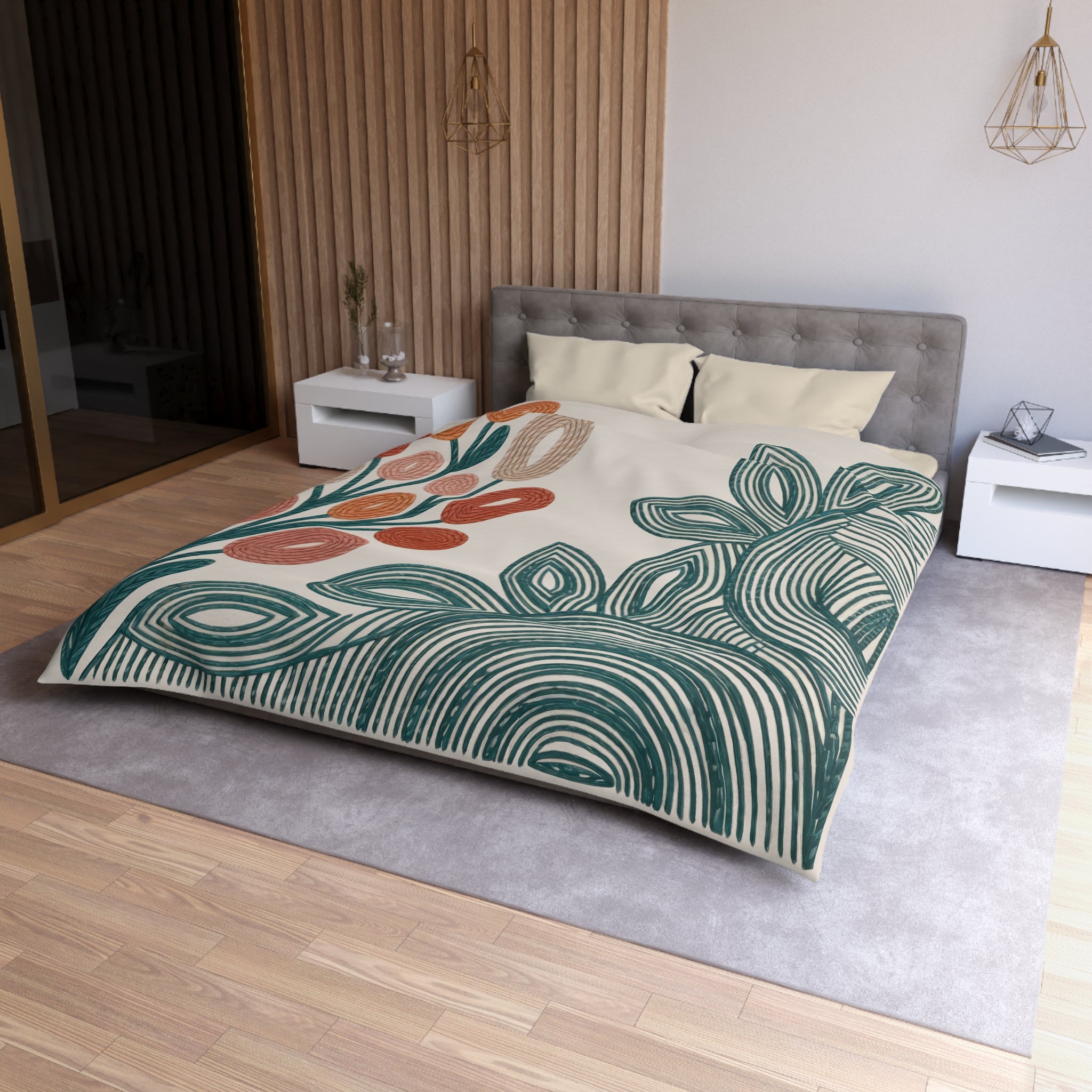 Modern Folk Botanical Duvet Cover | Boho | Mid-Century Floral, Terracotta Teal