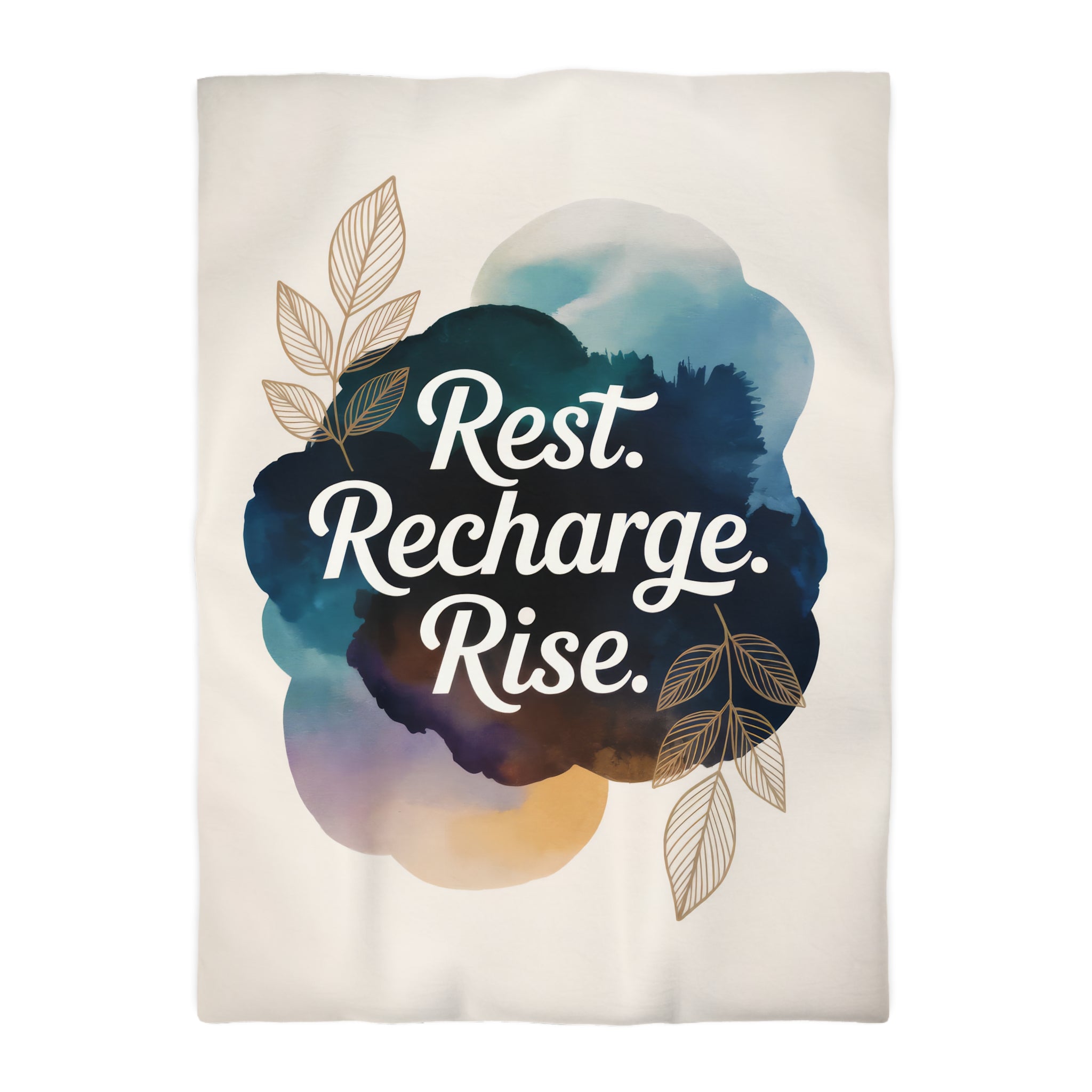 Rest Recharge Rise Duvet Cover | Watercolor Motivational Bedding | Navy Blue Botanical Comforter | Boho Decor | Twin XL Queen King