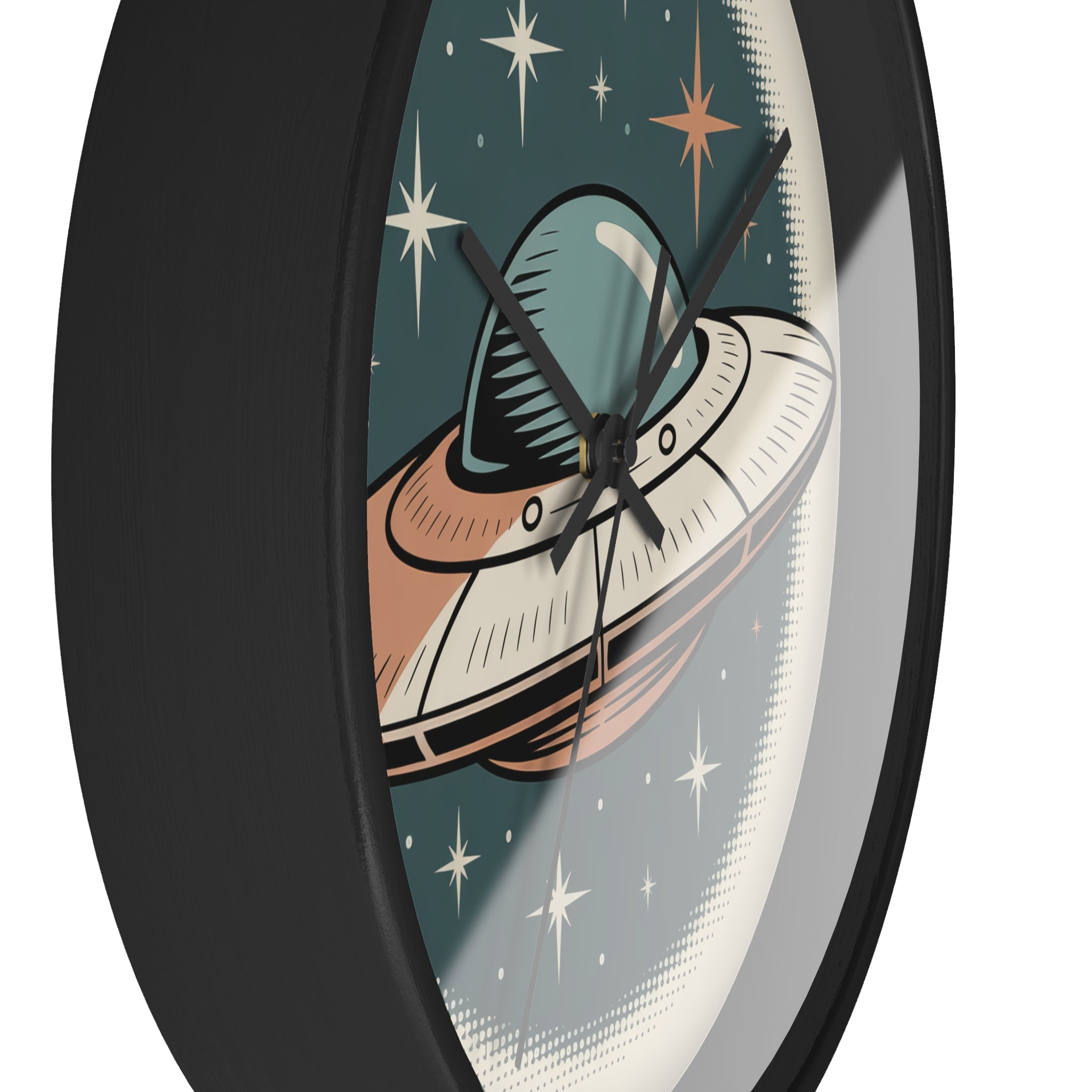 Mid Century Modern Clock, Vintage UFO Postcard Wall Clock, Halftone Starry Night Saucer, Retro Space Age Decor, Teal Orange Sci Fi