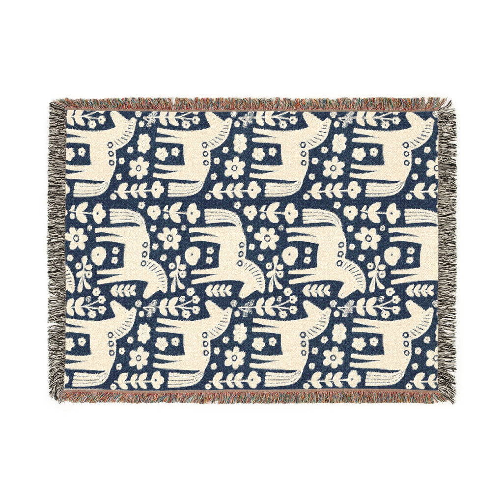 Scandinavian Dala Horse Woven Throw Blanket  | Nordic Folk Art Throw