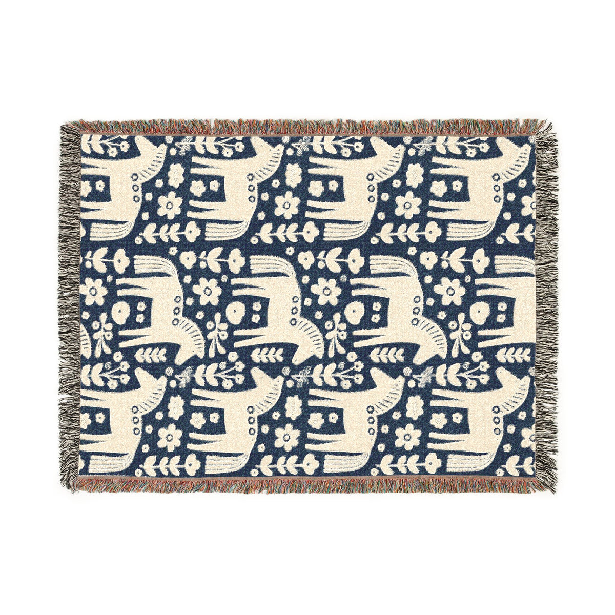 Scandinavian Dala Horse Woven Throw Blanket  | Nordic Folk Art Throw