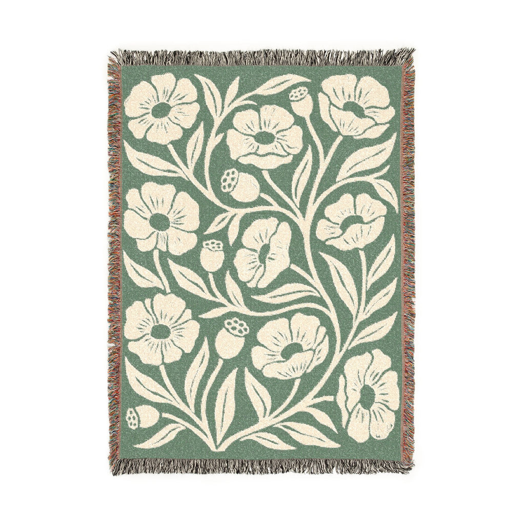 Botanical Floral Pattern Woven Blanket | Green Sage Cream Flower Throw