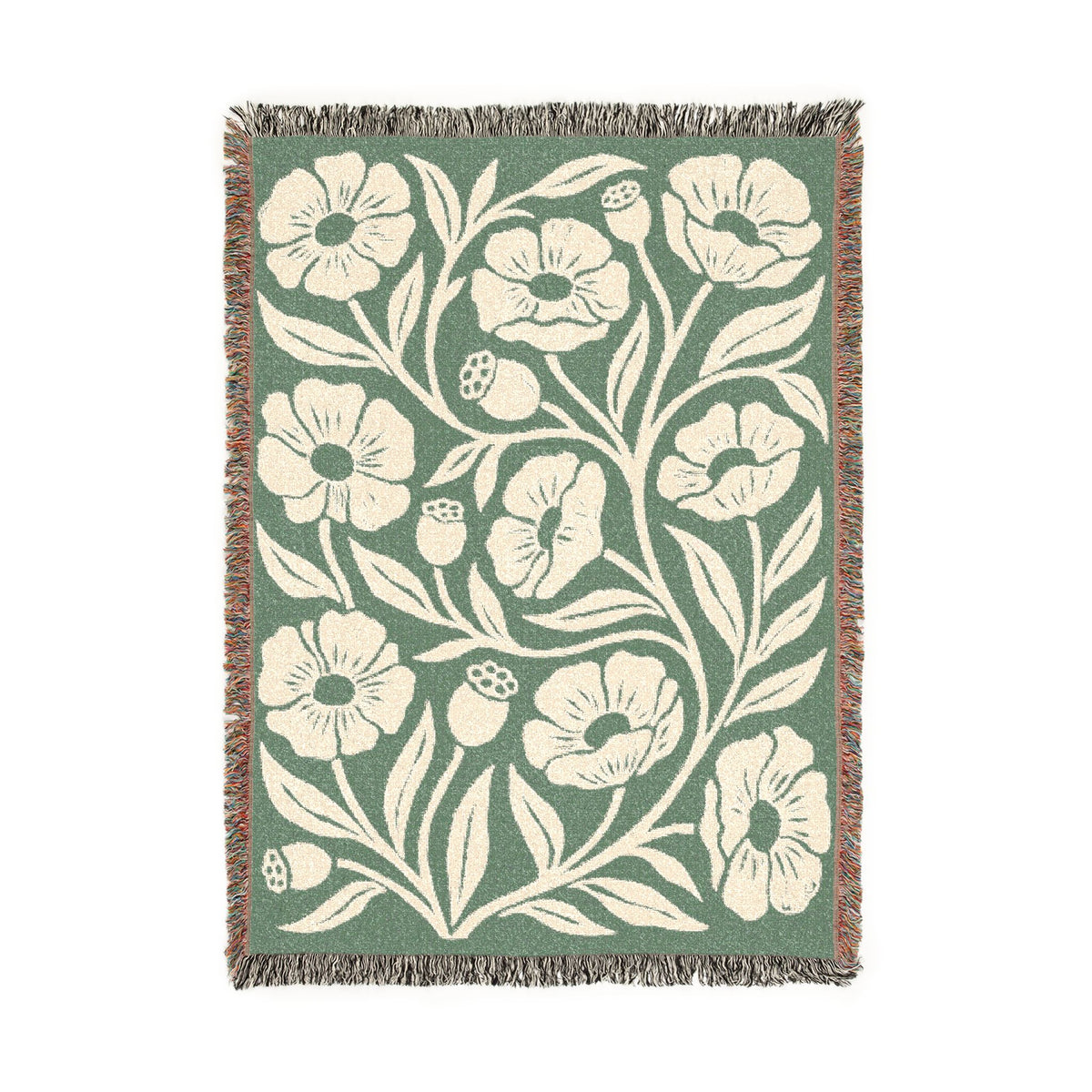Botanical Floral Pattern Woven Blanket | Green Sage Cream Flower Throw