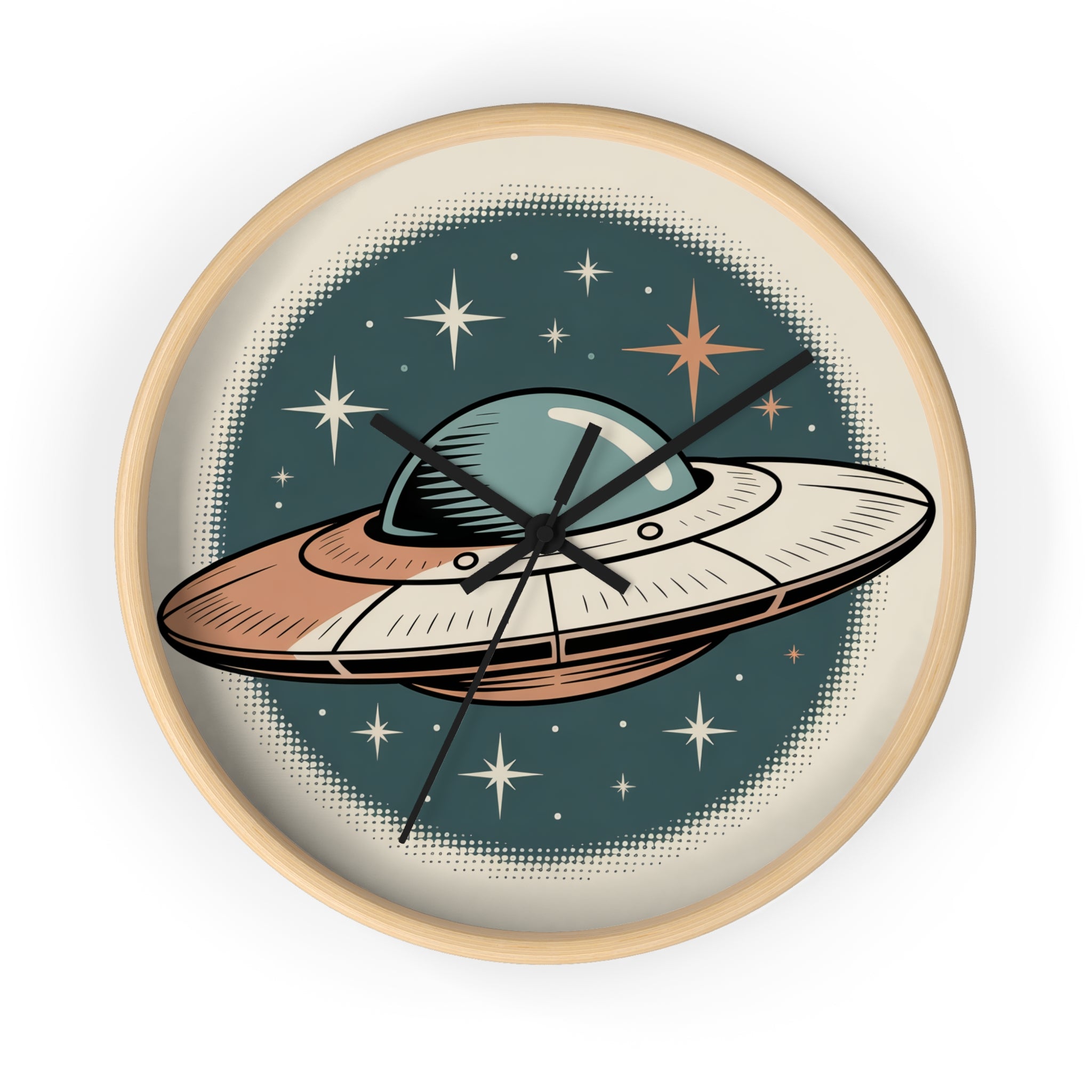 Mid Century Modern Clock, Vintage UFO Postcard Wall Clock, Halftone Starry Night Saucer, Retro Space Age Decor, Teal Orange Sci Fi
