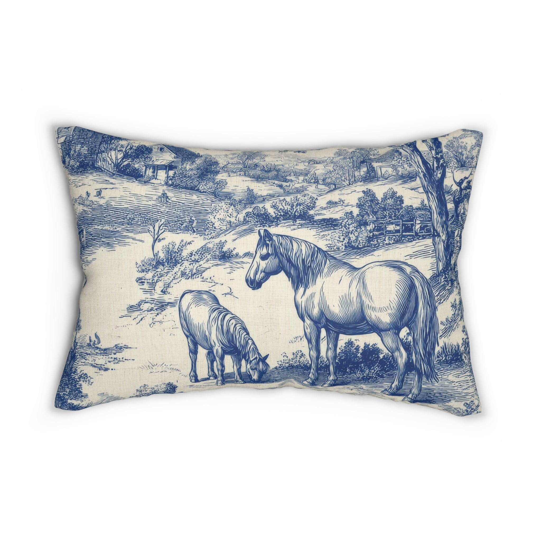 Blue Toile Horse and Cottage Scene Lumbar Pillow | French Country Decor