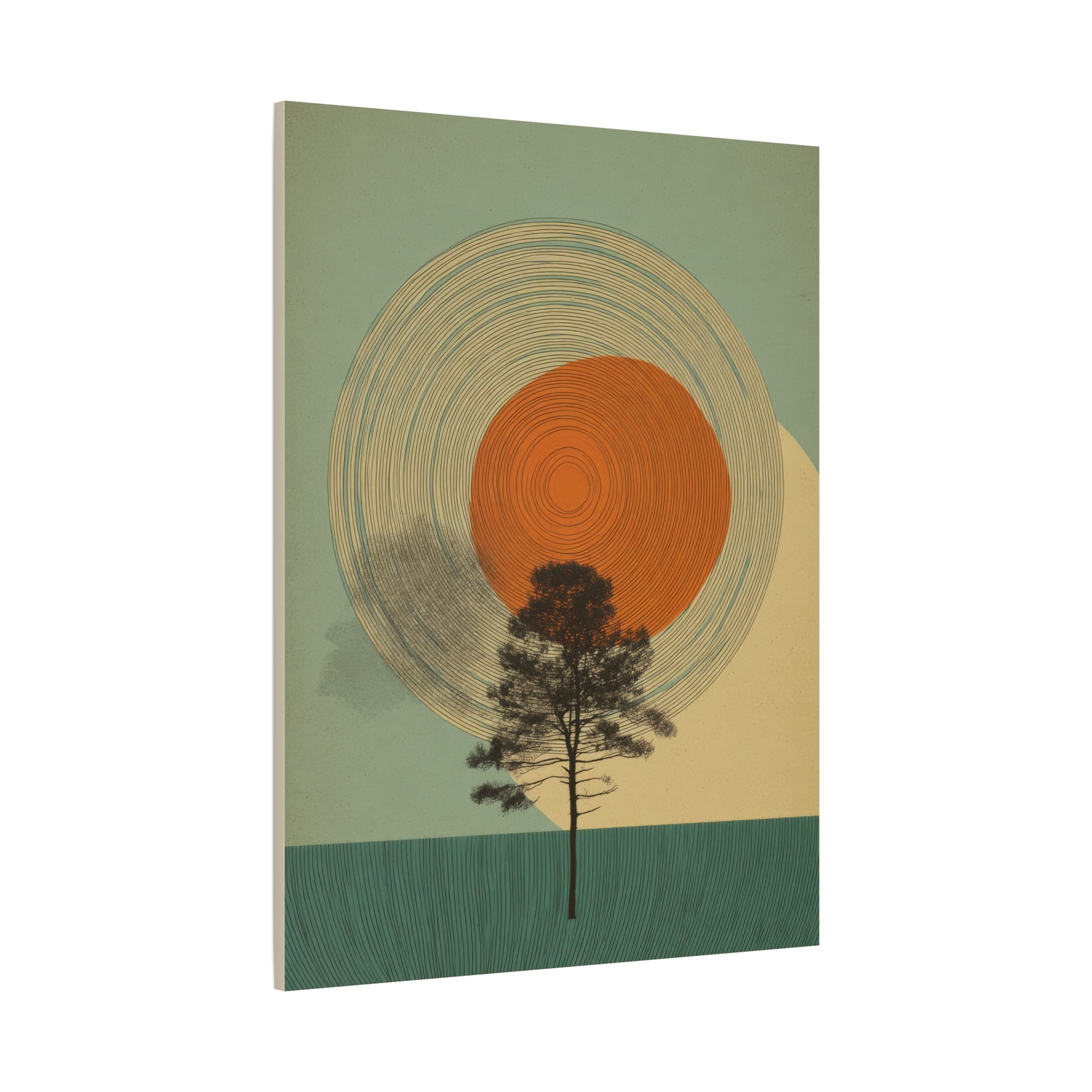 Tree Ring Wall Art | Mid Century Wall Art | Abstract Canvas Of Sun And Tree Nature Landscape