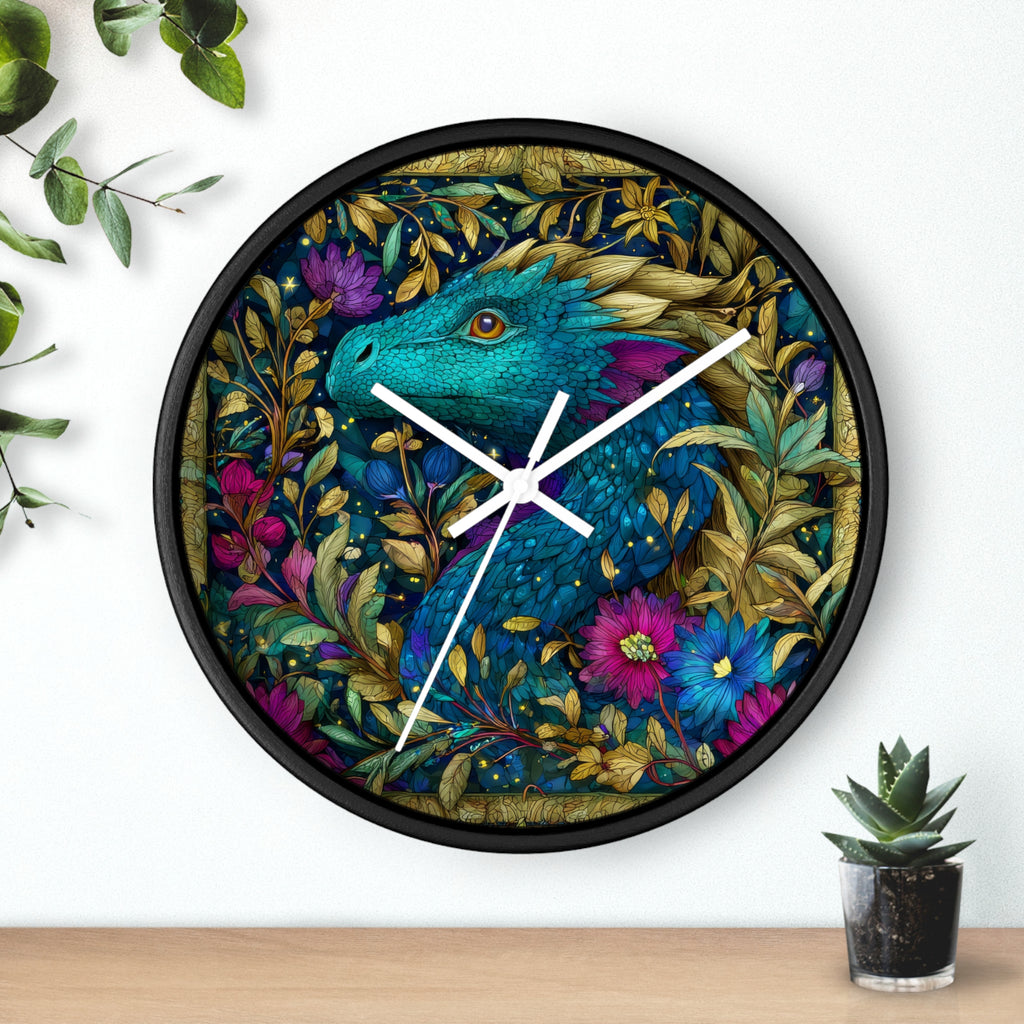 Stained-Glass Dragon Night Garden Wall Clock | Ornate Jewel-Tone Botanical