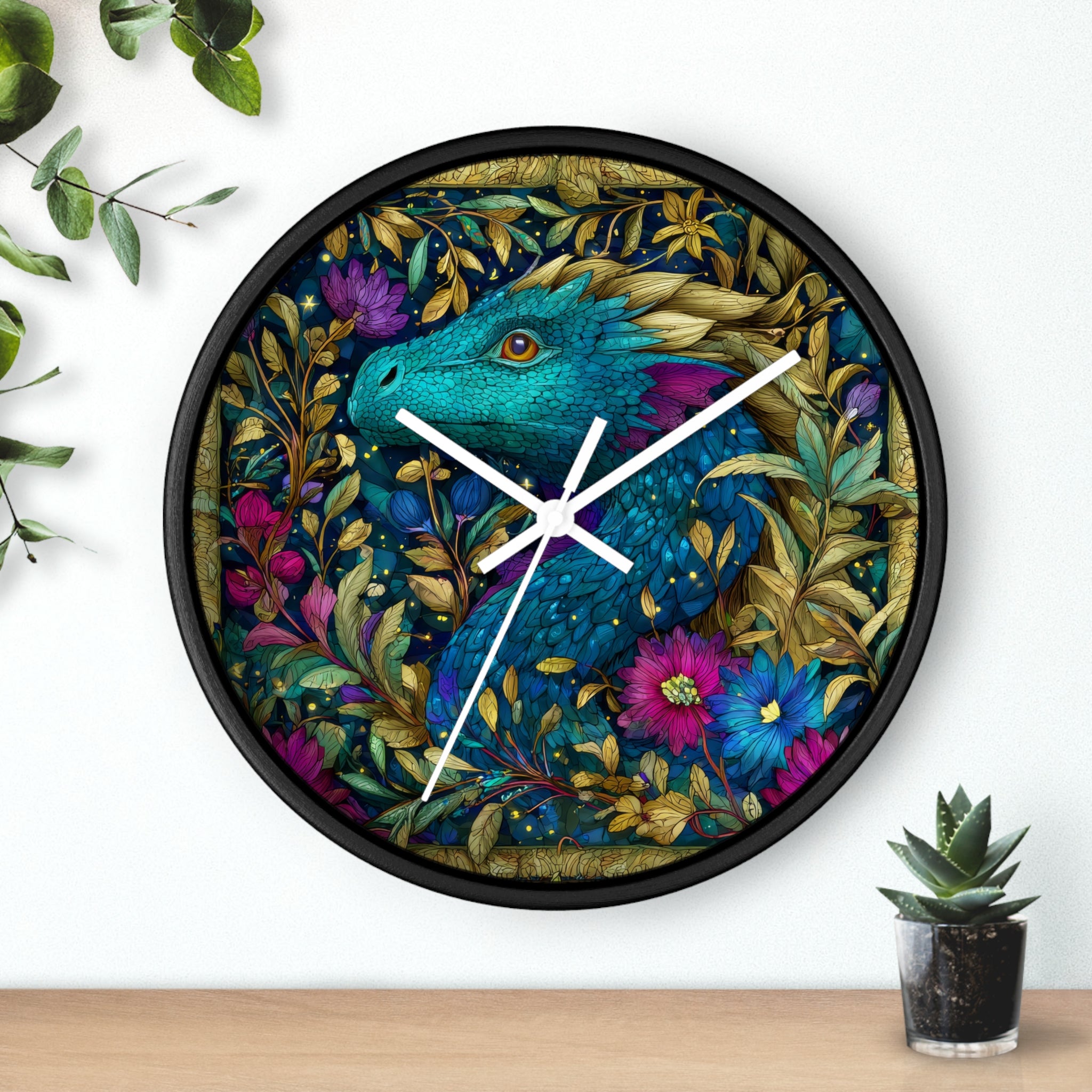 Stained-Glass Dragon Night Garden Wall Clock | Ornate Jewel-Tone Botanical