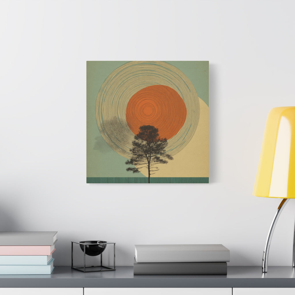 Tree Ring Wall Art | Mid Century Wall Art | Abstract Canvas Of Sun And Tree Nature Landscape