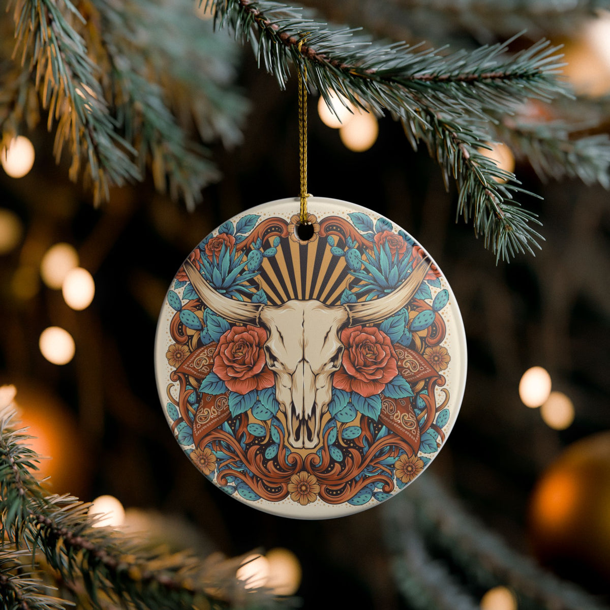 Floral bull skull ceramic Christmas ornament with roses and turquoise details