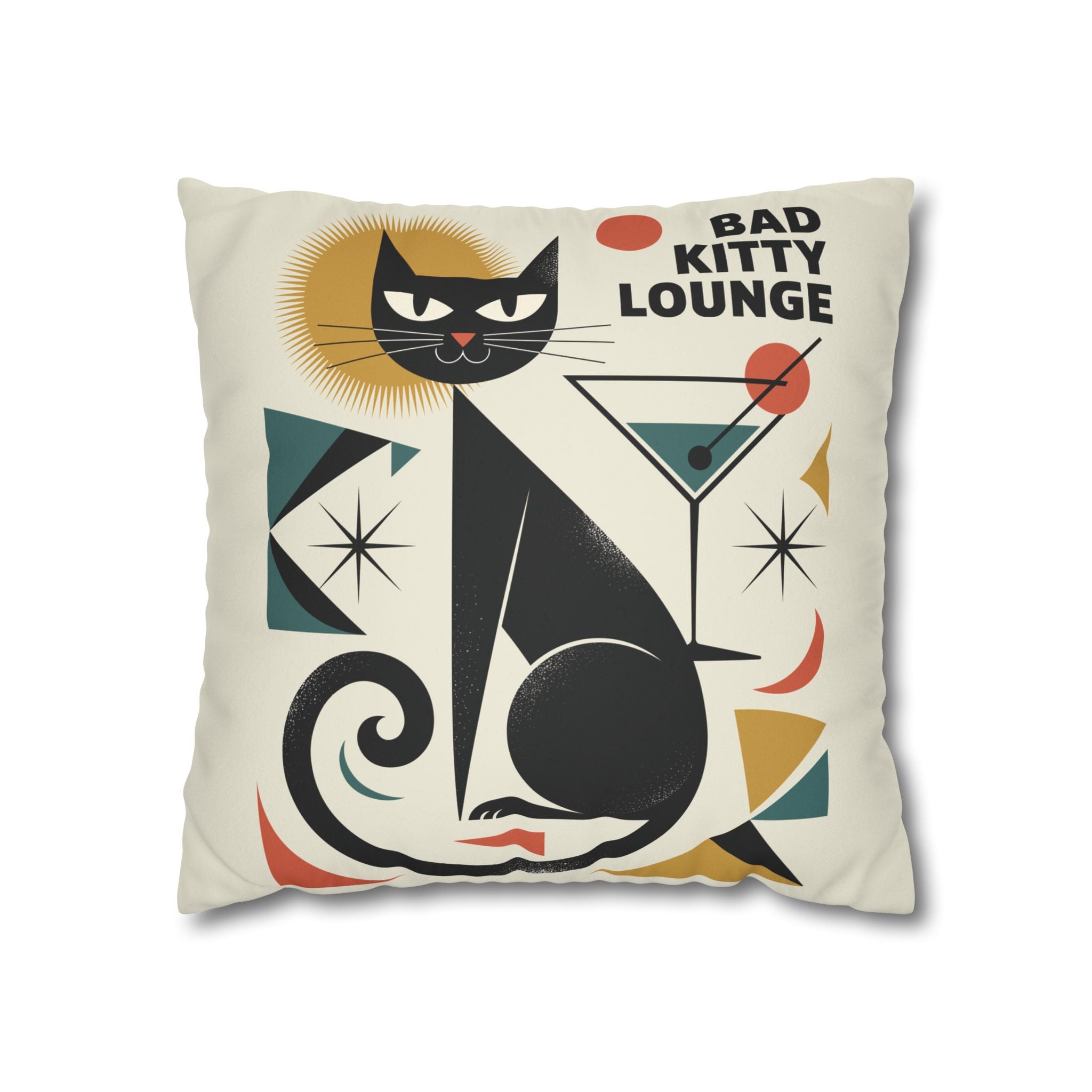 Bad Kitty Mid Century Modern | Art Deco Faux Suede Square Pillowcase | Retro Cat Accent