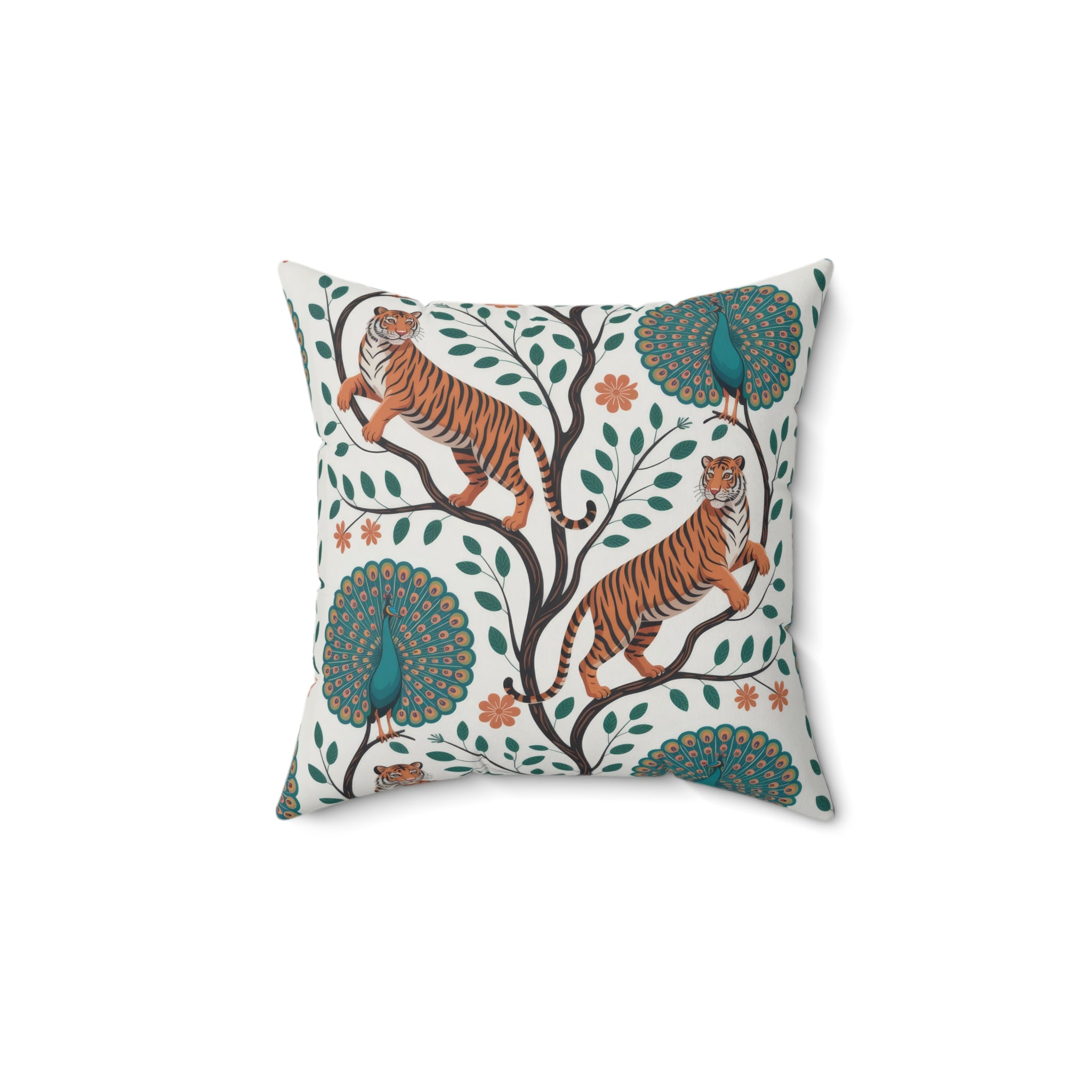 Tiger and Peacock Throw Pillow | Botanical Animal Print Square Pillow