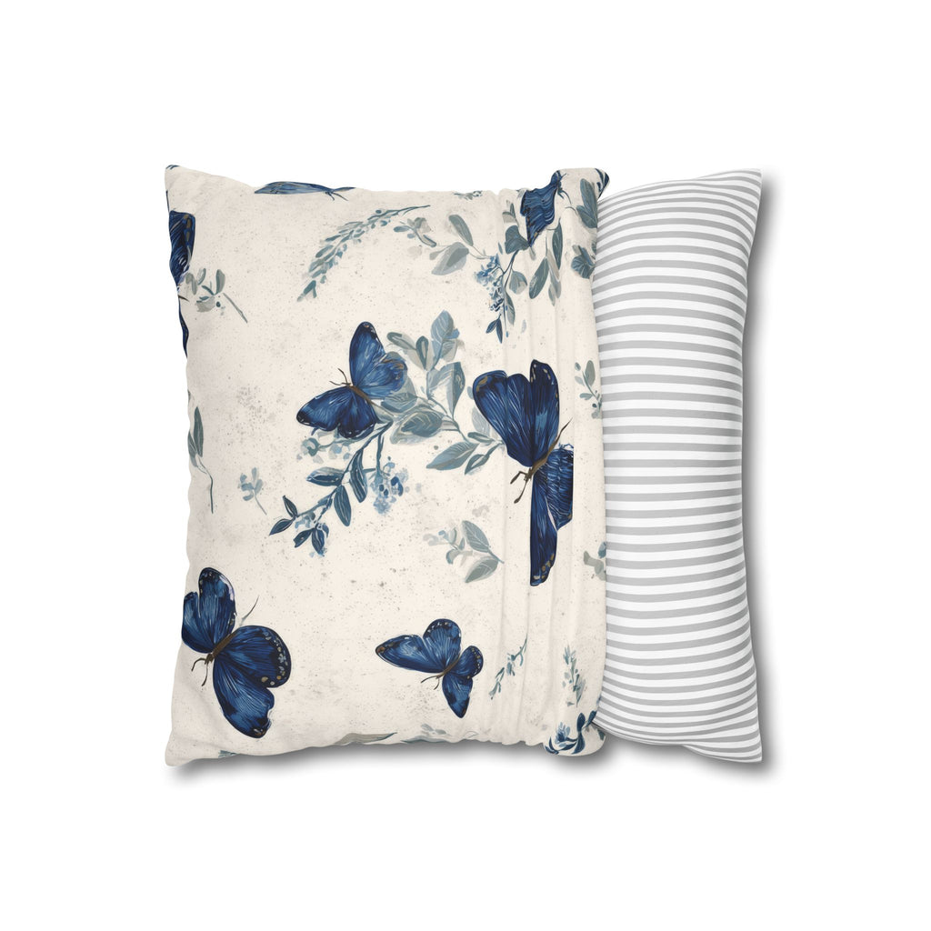 Blue Butterfly Botanical Faux Suede Pillowcase | Sapphire Cobalt Butterflies
