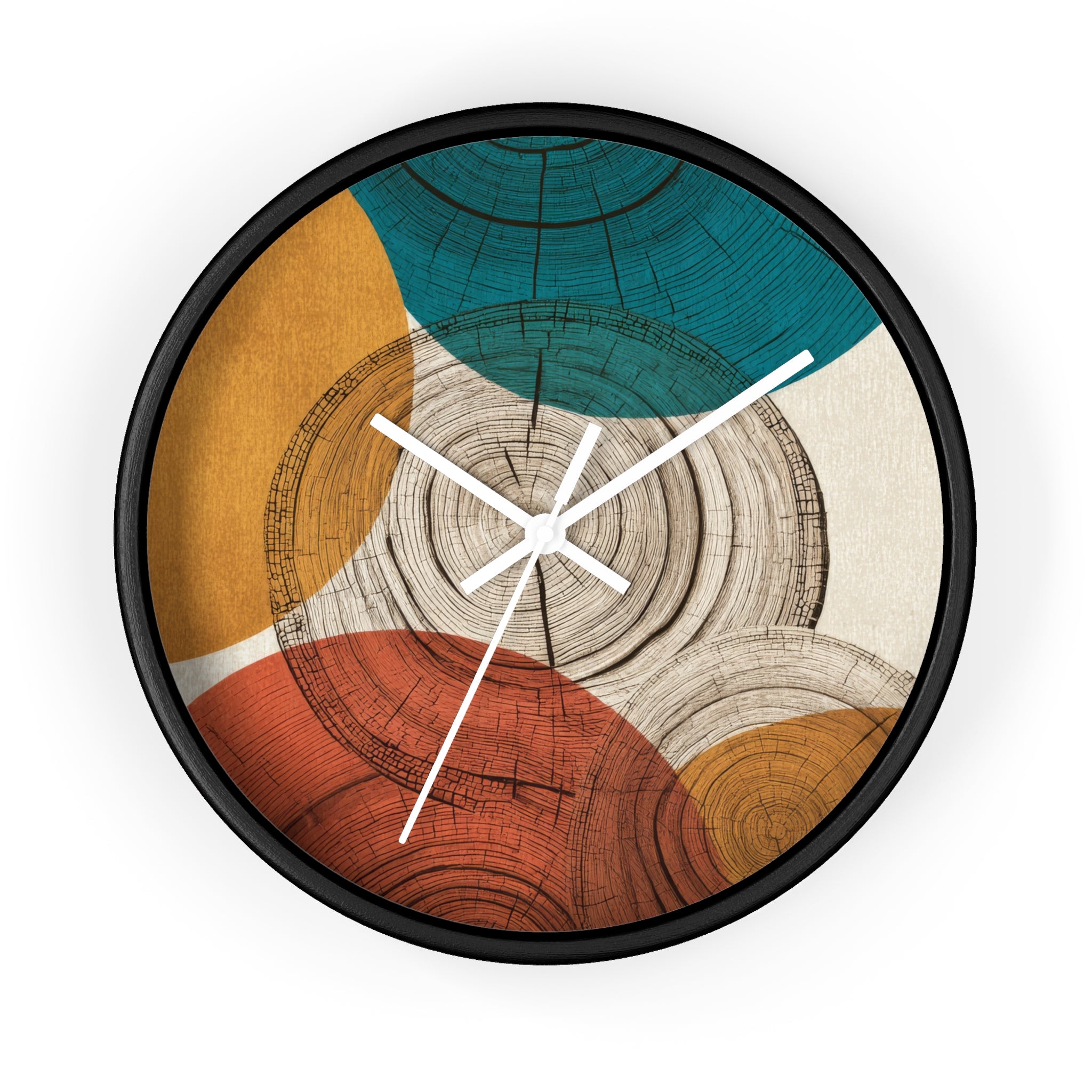 Mid Century Modern Clock | Abstract Tree Ring Wall Art, Atomic Geometric Woodgrain Circles in Teal, Ochre + Rust