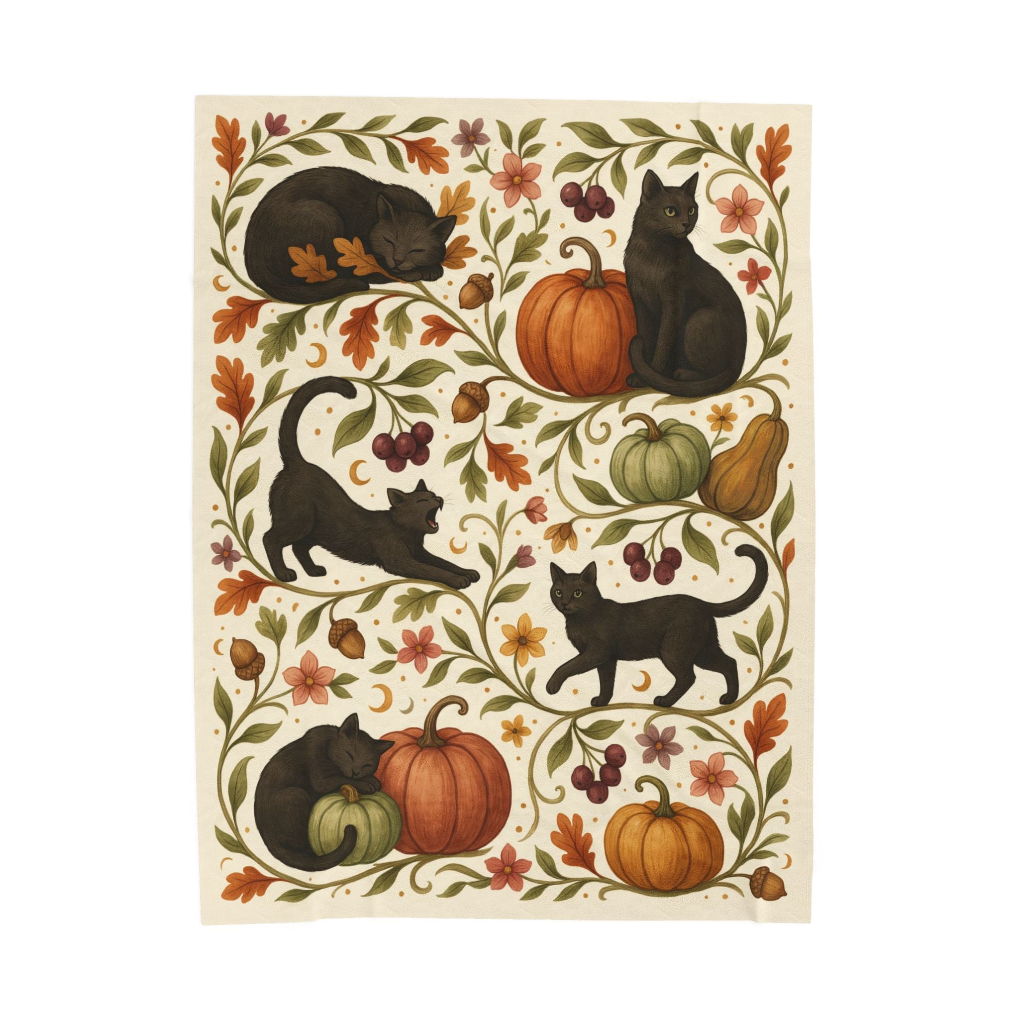 Black Cat Cottagecore Blanket, Halloween Botanical Throw Blanket, Pumpkin Cat Fall Decor, Spooky Autumn Blanket