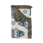 Blue Scandinavian Fish Woven Blanket | Nordic Folk Art Throw