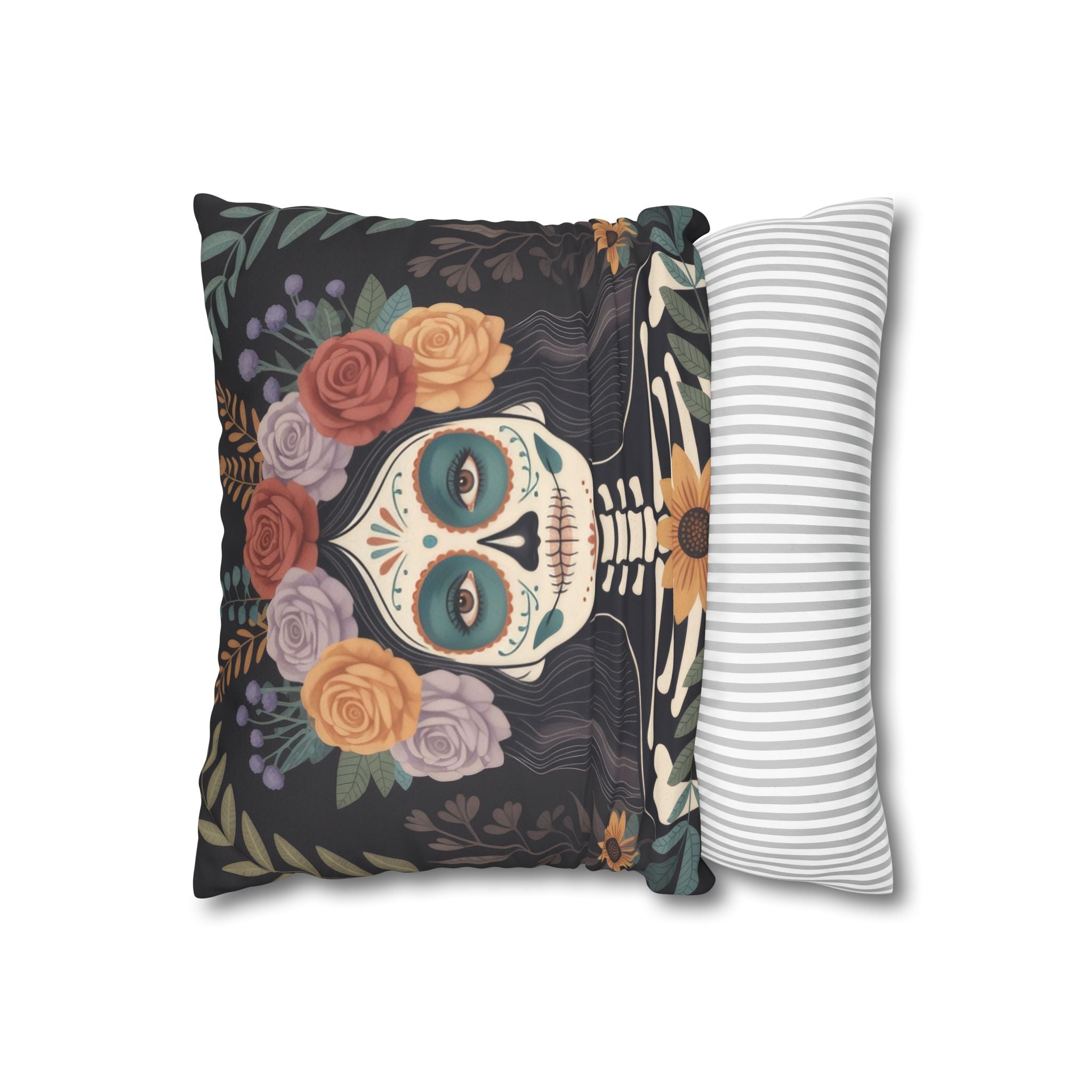 La Catrina Faux Suede Pillow Cover, Colorful Day of the Dead Floral Skull Decor