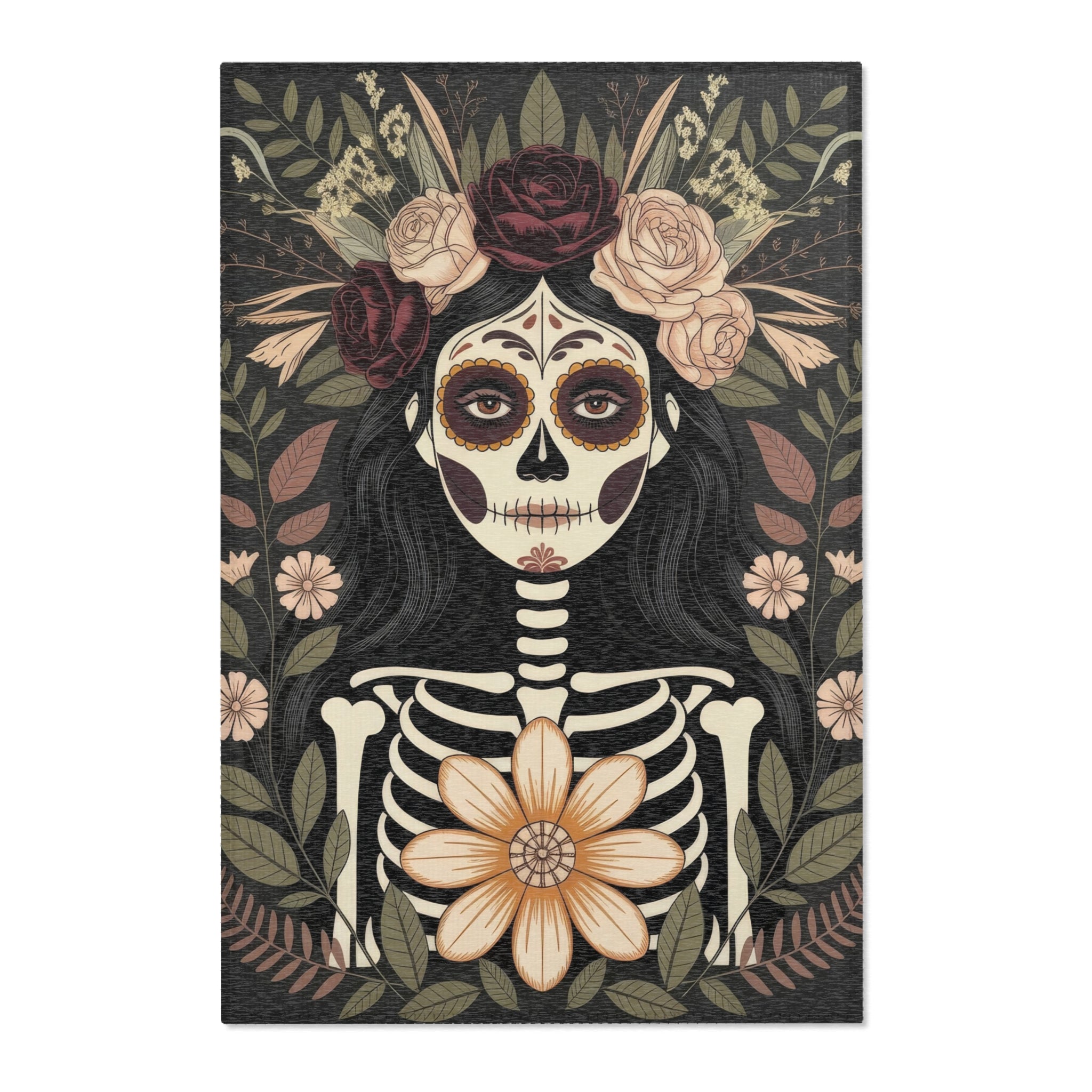 La Catrina Sugar Skull Area Rug | Gothic Floral Ceremony, Charcoal Burgundy