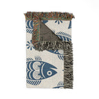 Blue Scandinavian Fish Woven Blanket | Nordic Folk Art Throw