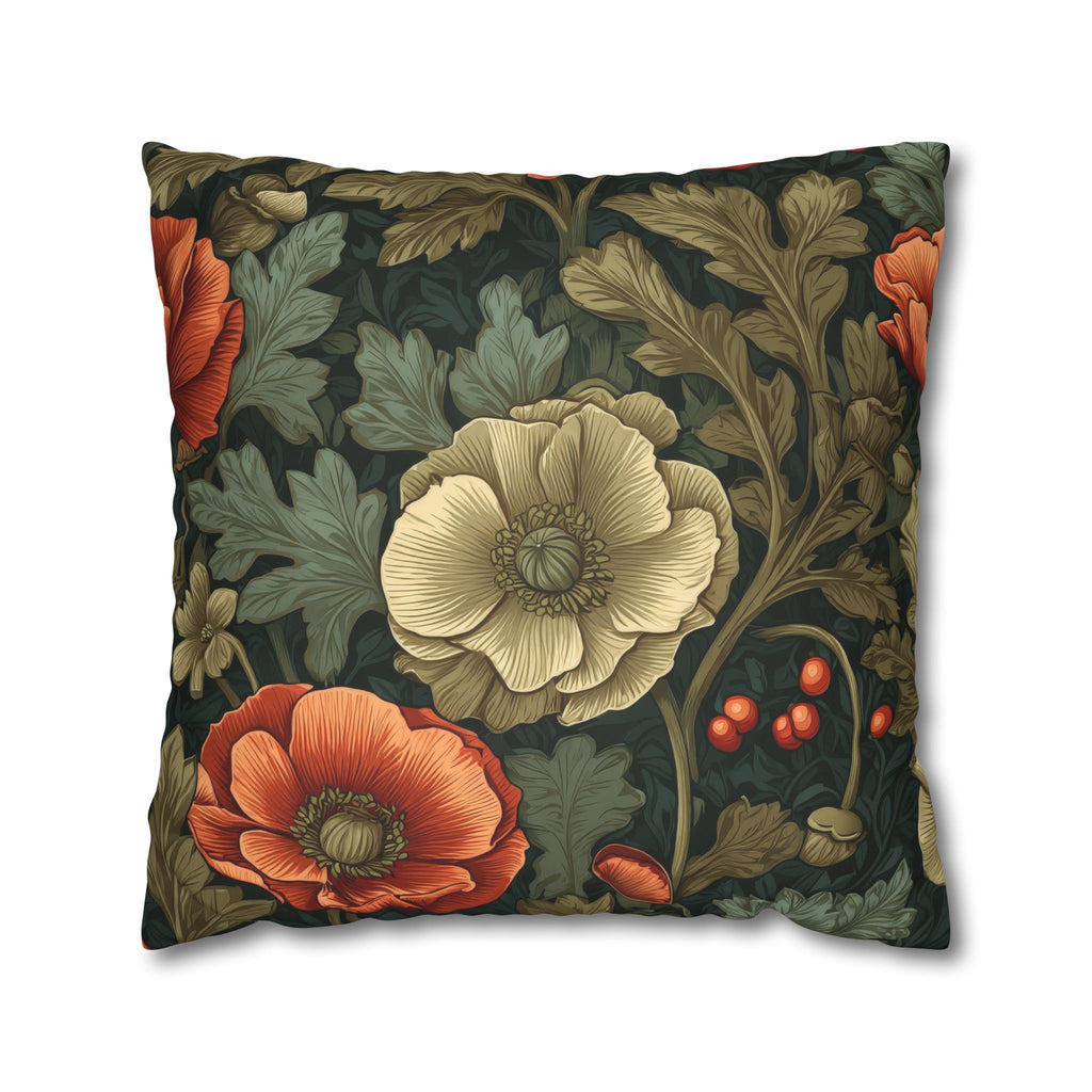 William Morris Inspired Poppy Garden Faux Suede Square Pillowcase
