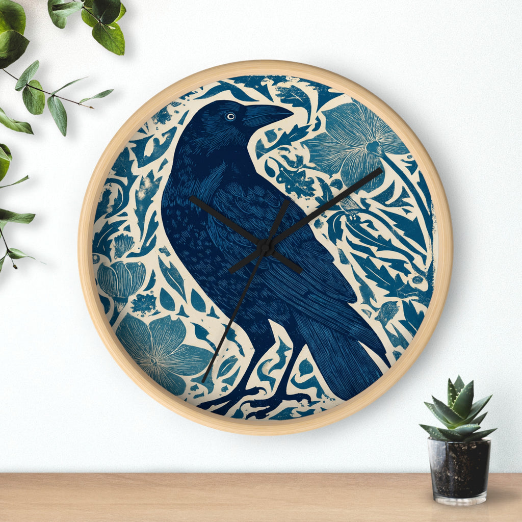 Linocut Raven Floral Wall Clock | Woodblock Style Vine Pattern