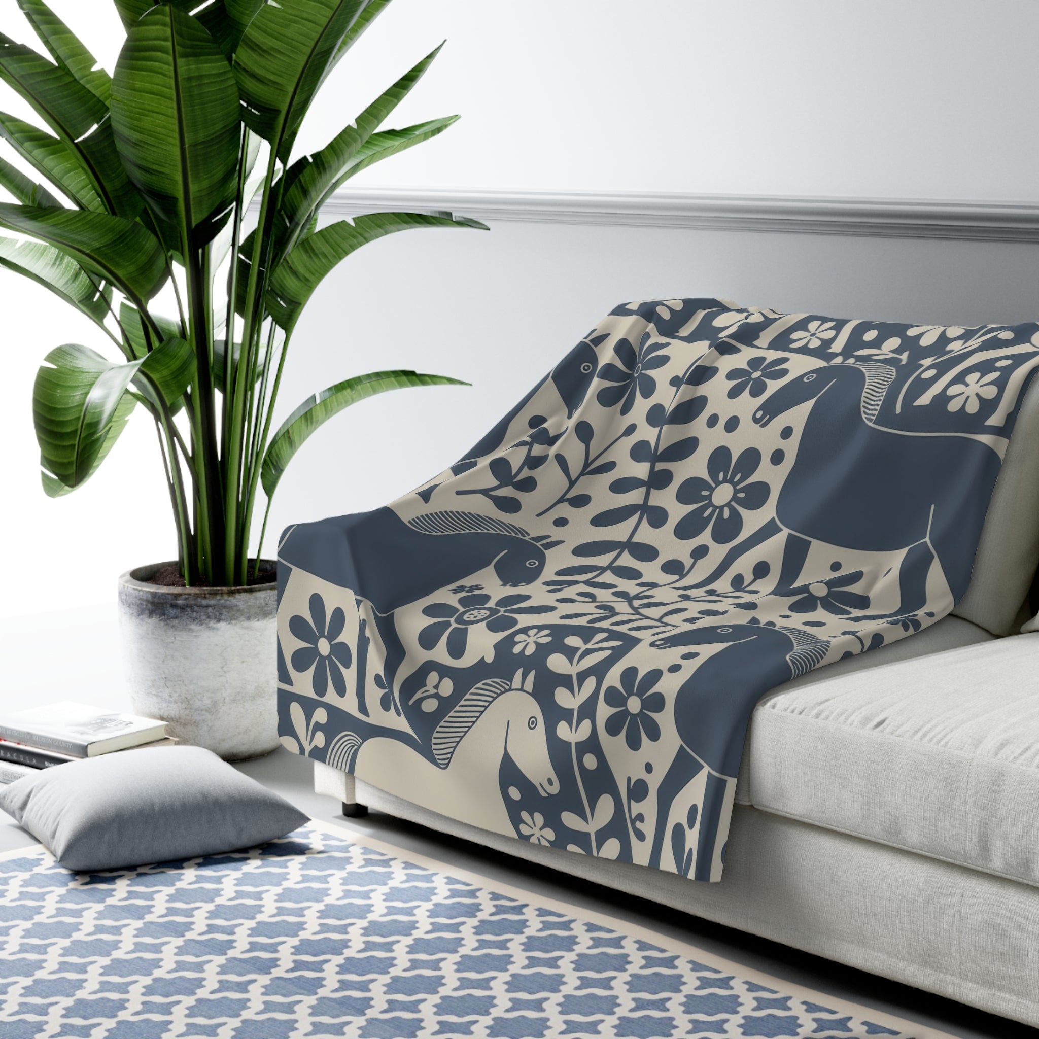 Scandinavian Dala Horse Folk Art Sherpa Fleece Blanket | Nordic Floral Pattern