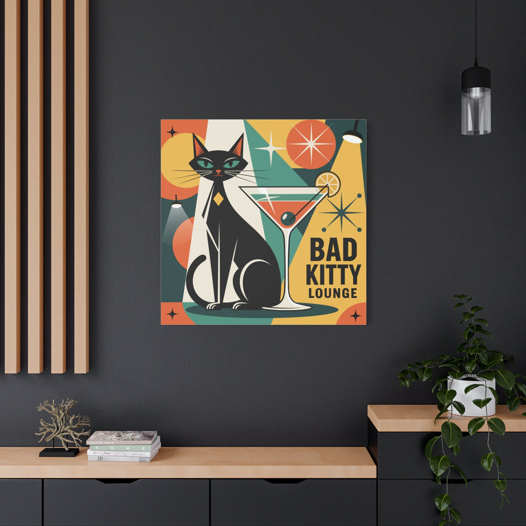Bad Kitty Lounge Mod Print Canvas | Mid-Century Modern Cat Art, Atomic Age Poster