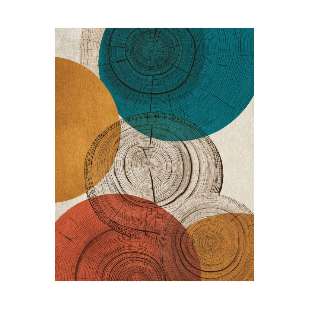 Abstract Tree Ring Art Print | Mid Century Modern Wood Grain Poster | Geometric Growth Rings Wall Art | Japandi Teal Mustard Retro Decor