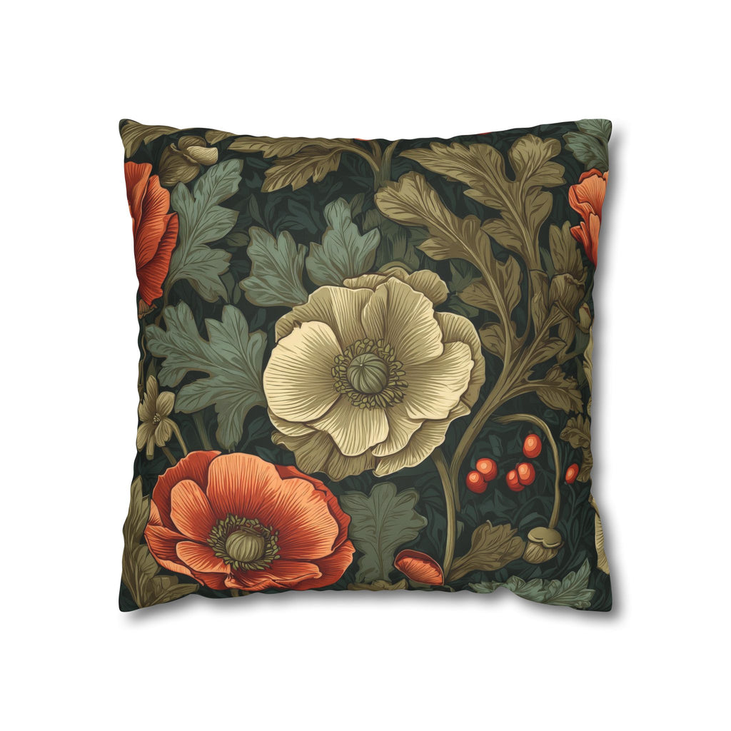 William Morris Inspired Poppy Garden Faux Suede Square Pillowcase
