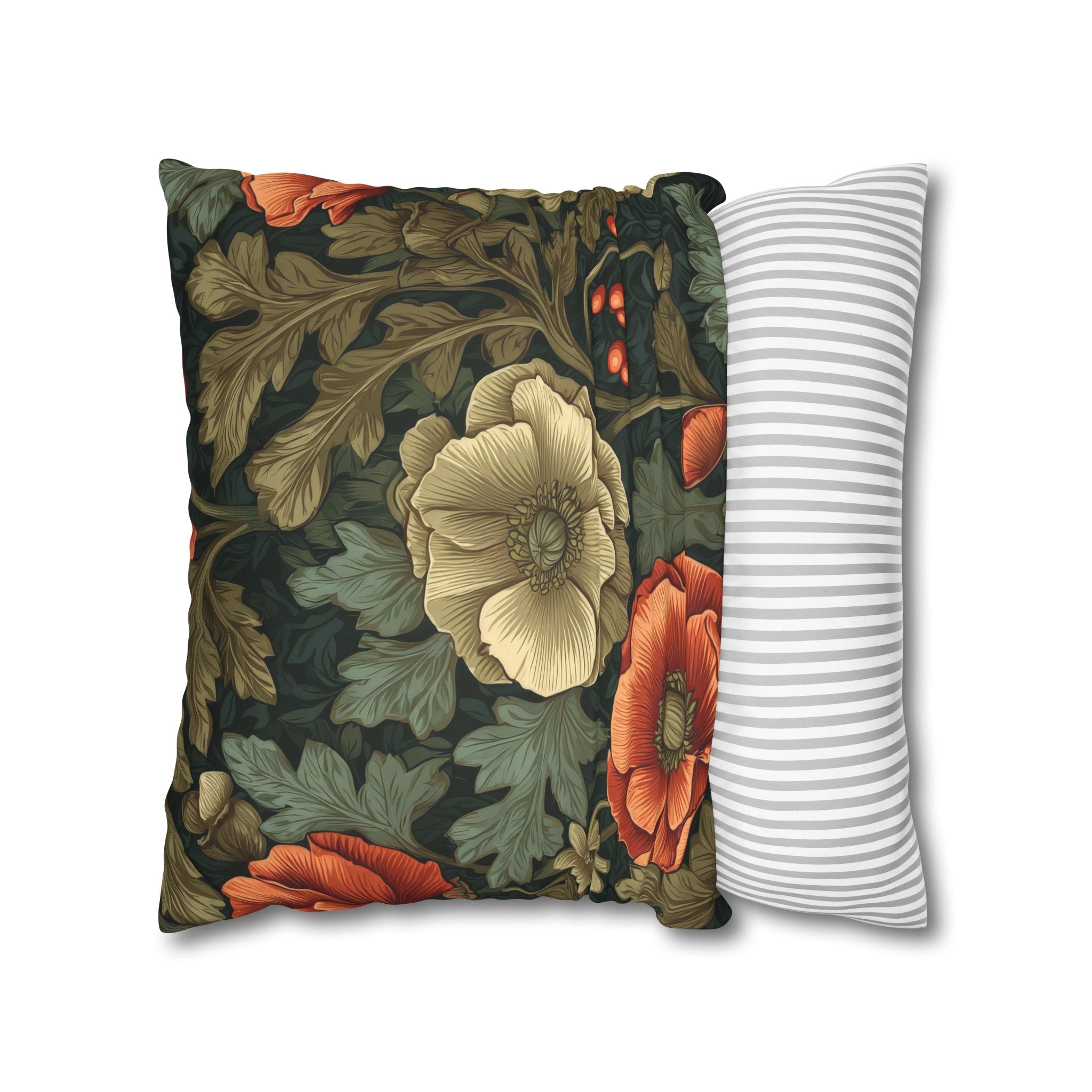 William Morris Inspired Poppy Garden Faux Suede Square Pillowcase