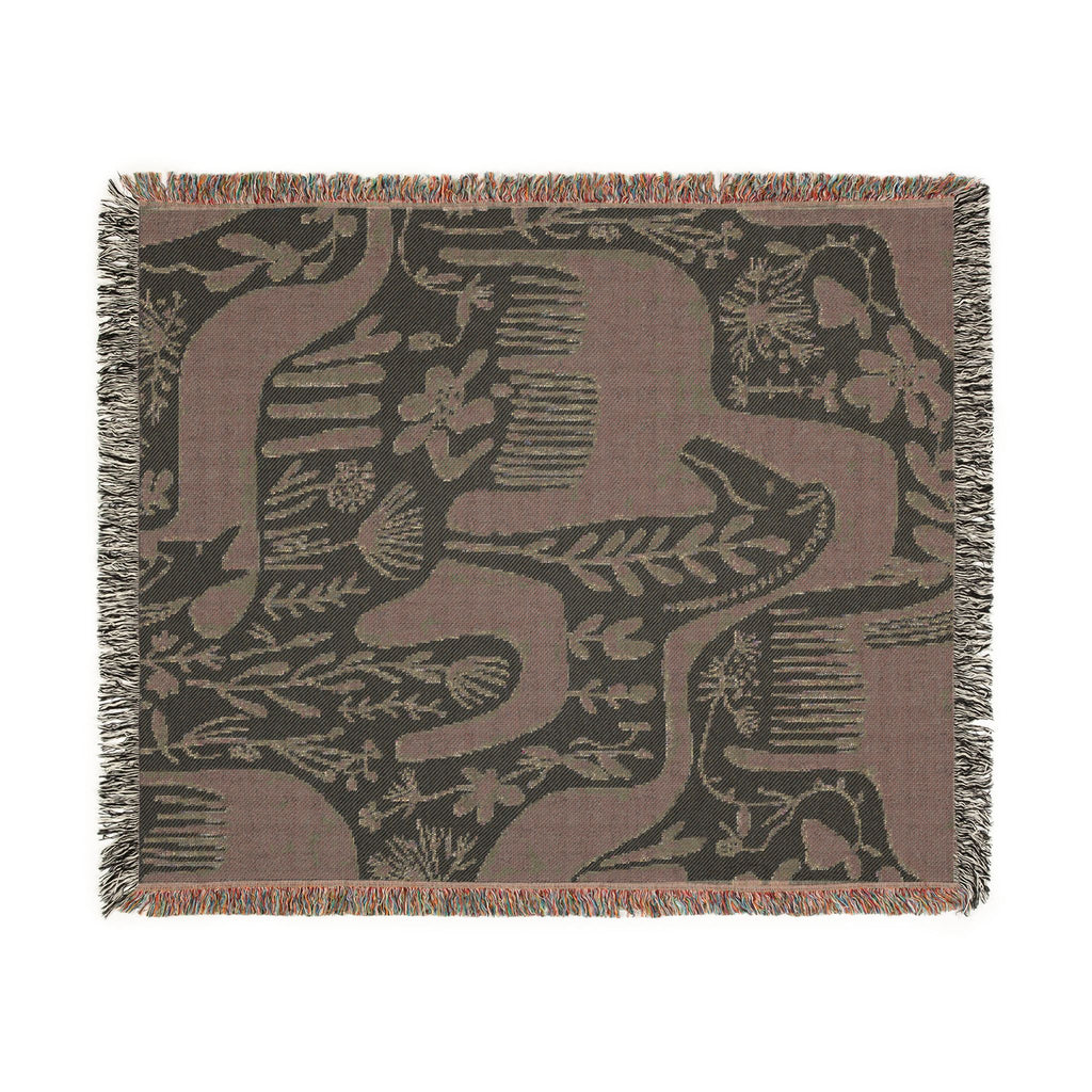 Scandinavian Horse Pattern Woven Blanket | Blue Cream Folk Art Tapestry