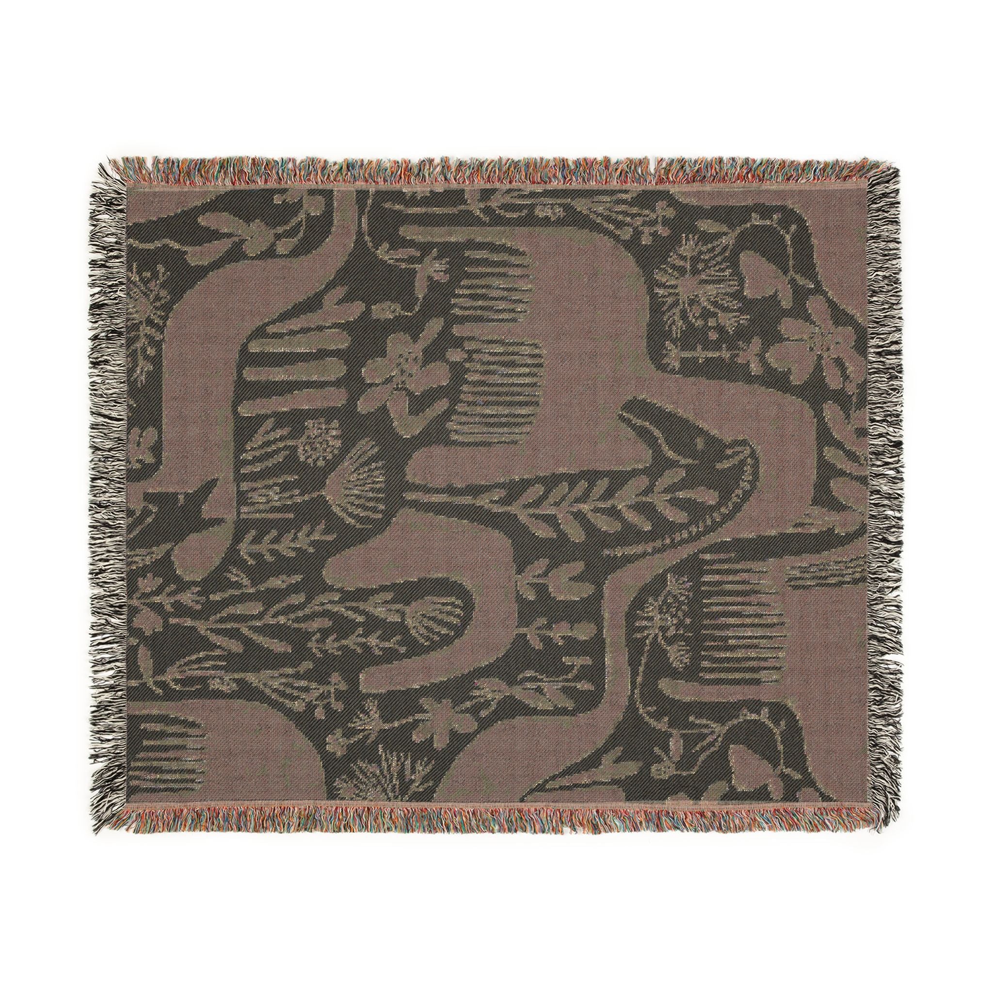 Scandinavian Horse Pattern Woven Blanket | Blue Cream Folk Art Tapestry