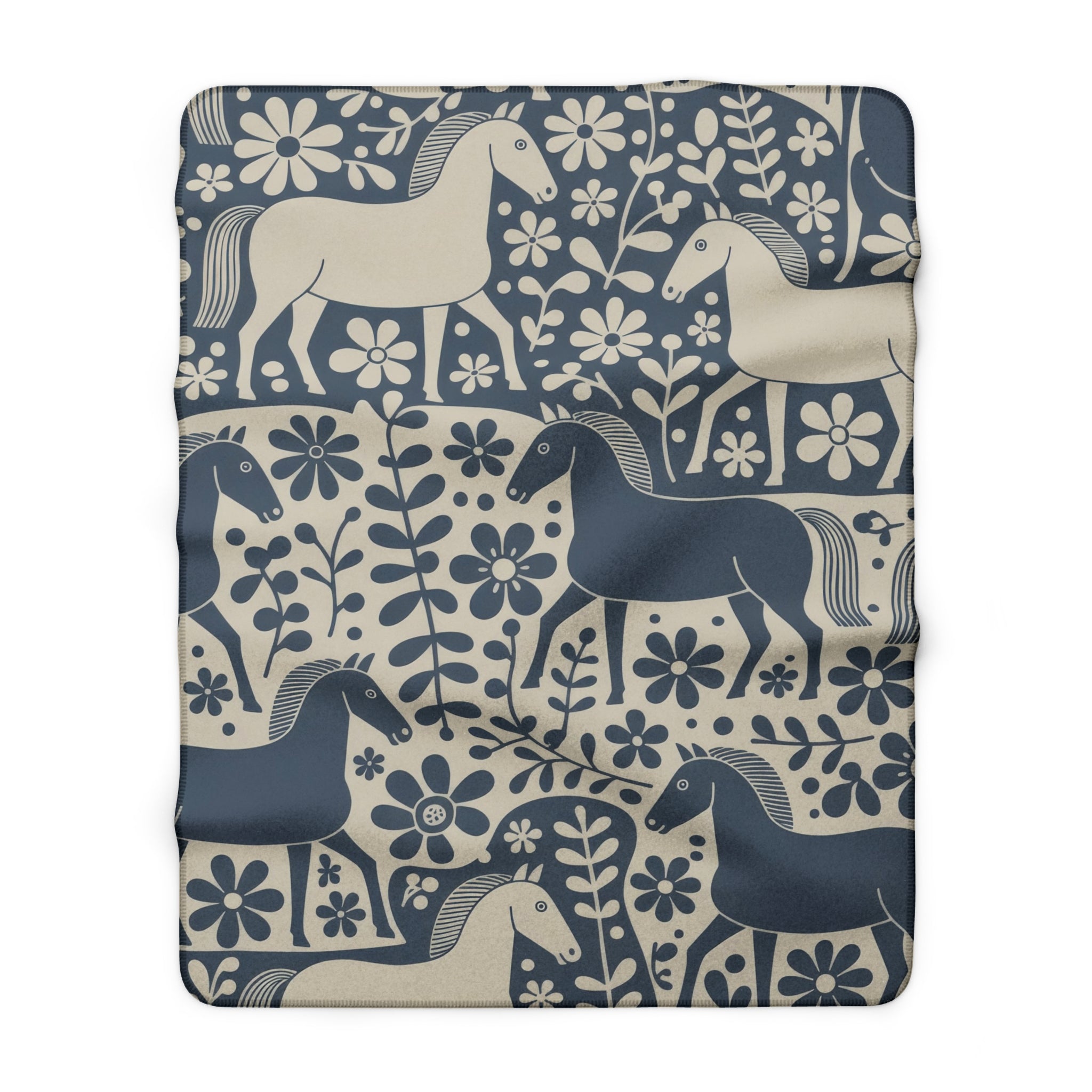 Scandinavian Dala Horse Folk Art Sherpa Fleece Blanket | Nordic Floral Pattern