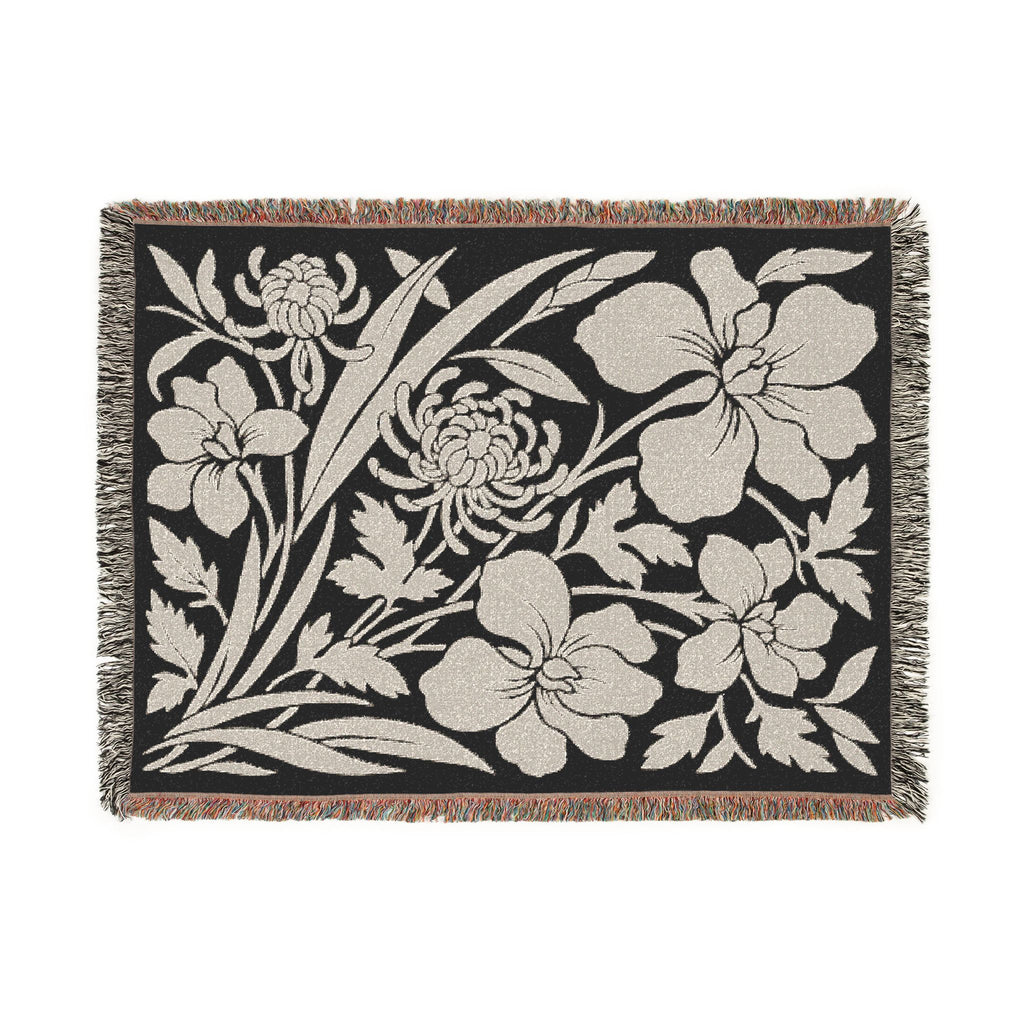 Neutral Japanese-Inspired Midnight Botanicals Floral Pattern Woven Blanket | Botanical Throw, Fringe Edge